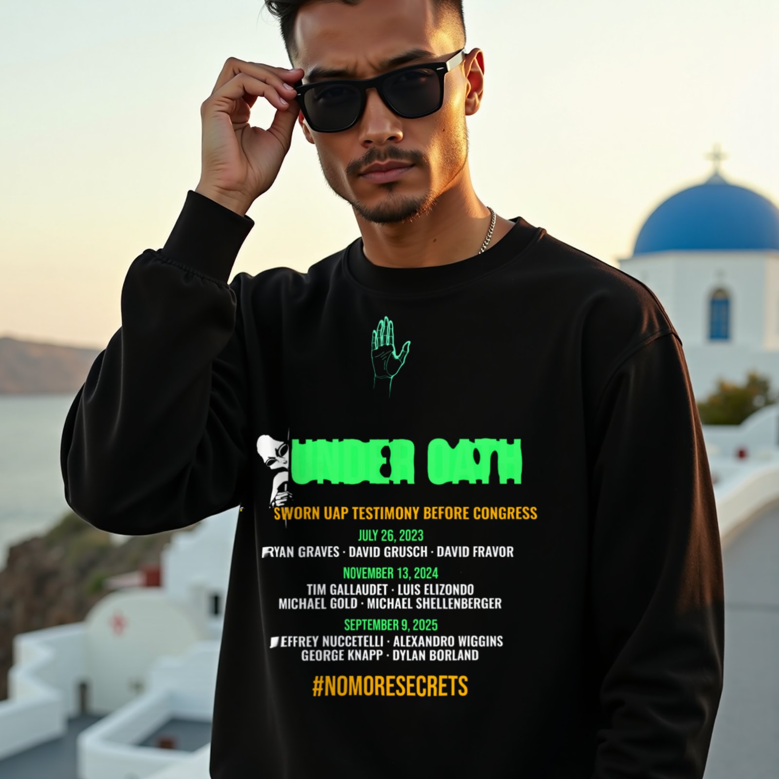 Under Oath UAP Testimony crewneck sweatshirt in Black, worn by a model (on a whitewashed Santorini terrace at golden hour). AI-generated image: model and scene are AI-generated; the print is the real artwork.