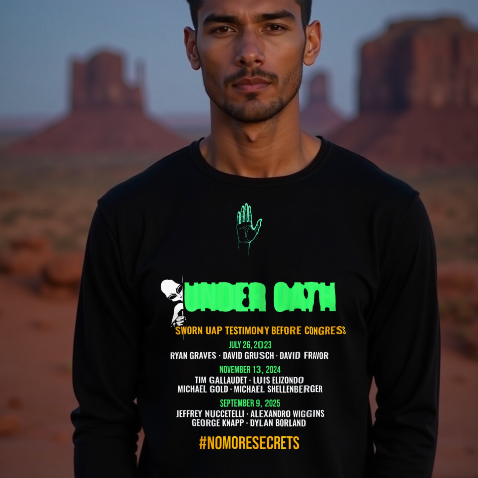 Under Oath UAP Testimony long-sleeve T-shirt in Black, worn by a model (in Monument Valley at dusk). AI-generated image: model and scene are AI-generated; the print is the real artwork.