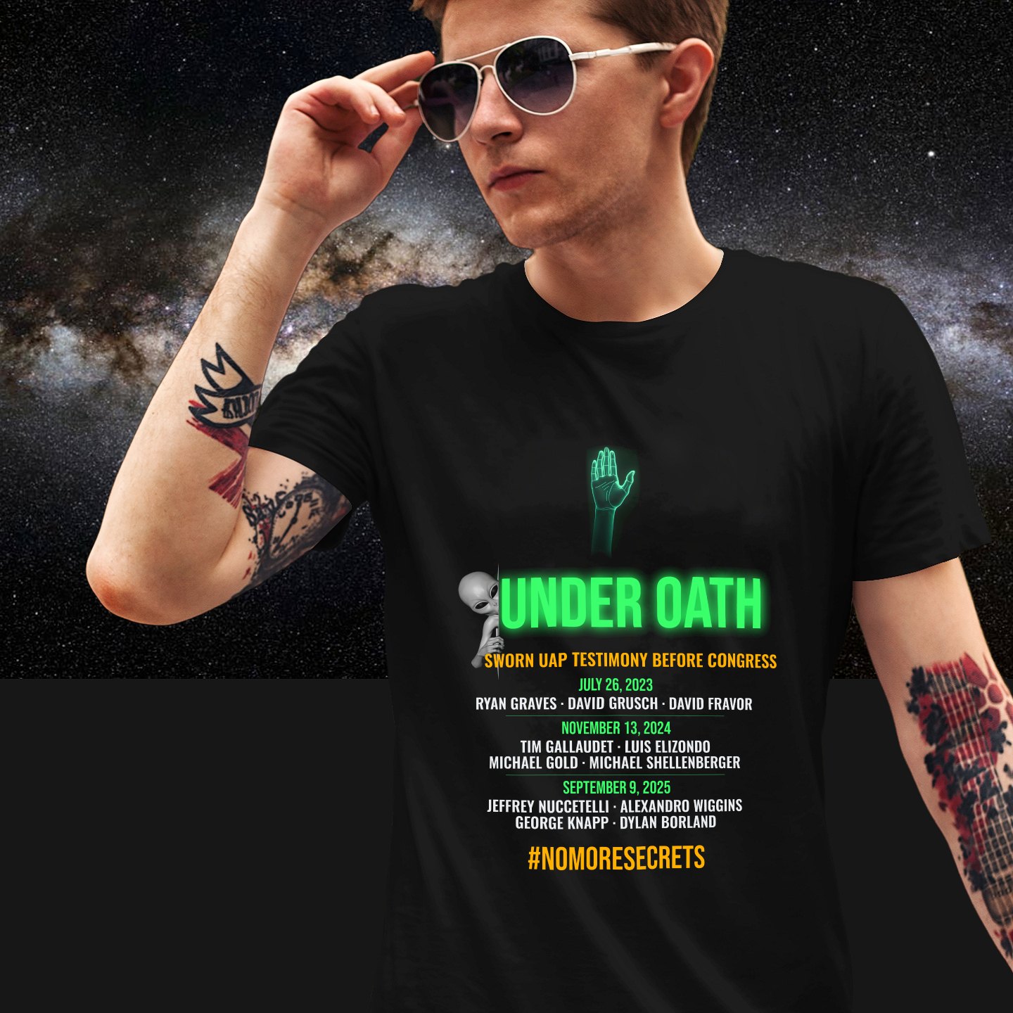 Under Oath UAP Testimony T-shirt in Black, front print, worn by a model (Milky Way night). AI-edited photo: the real print artwork was digitally placed on a model photo.