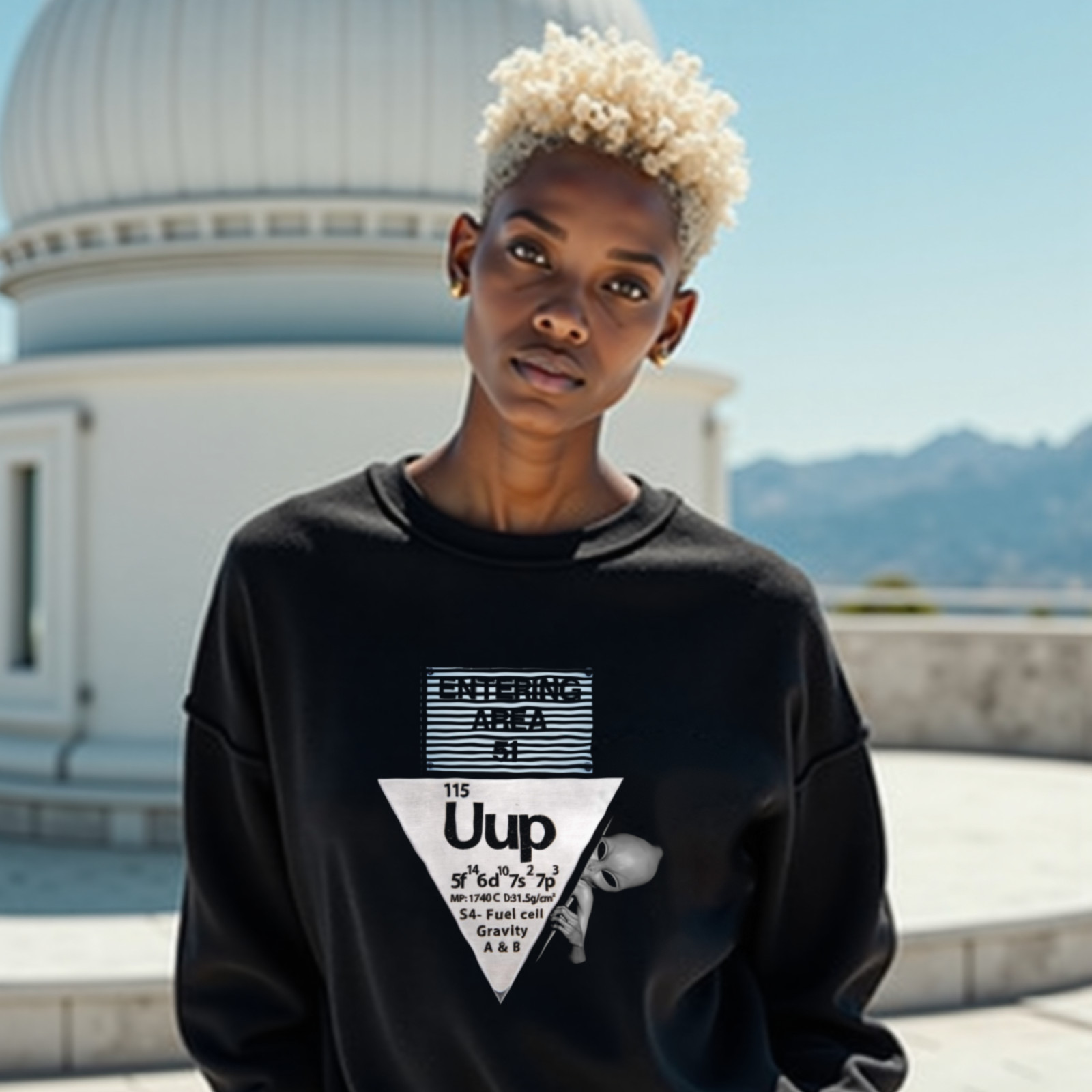 Uup 115 Entering Area 51 crewneck sweatshirt in Black, worn by a model (on the white stone terrace of a mountain-top observatory on a bright clear day). AI-generated image: model and scene are AI-generated; the print is the real artwork.