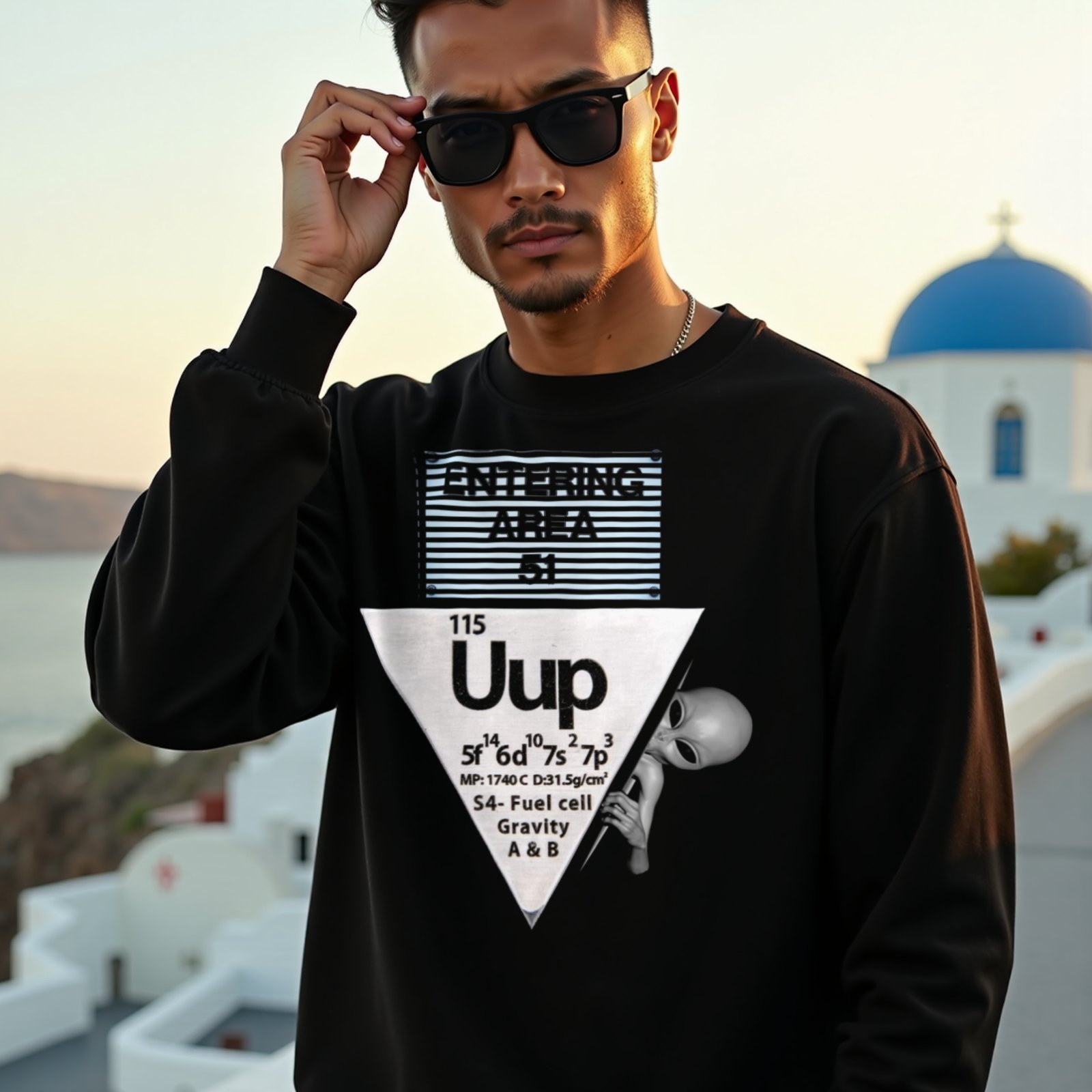 Uup 115 Entering Area 51 crewneck sweatshirt in Black, worn by a model (on a whitewashed Santorini terrace at golden hour). AI-generated image: model and scene are AI-generated; the print is the real artwork.