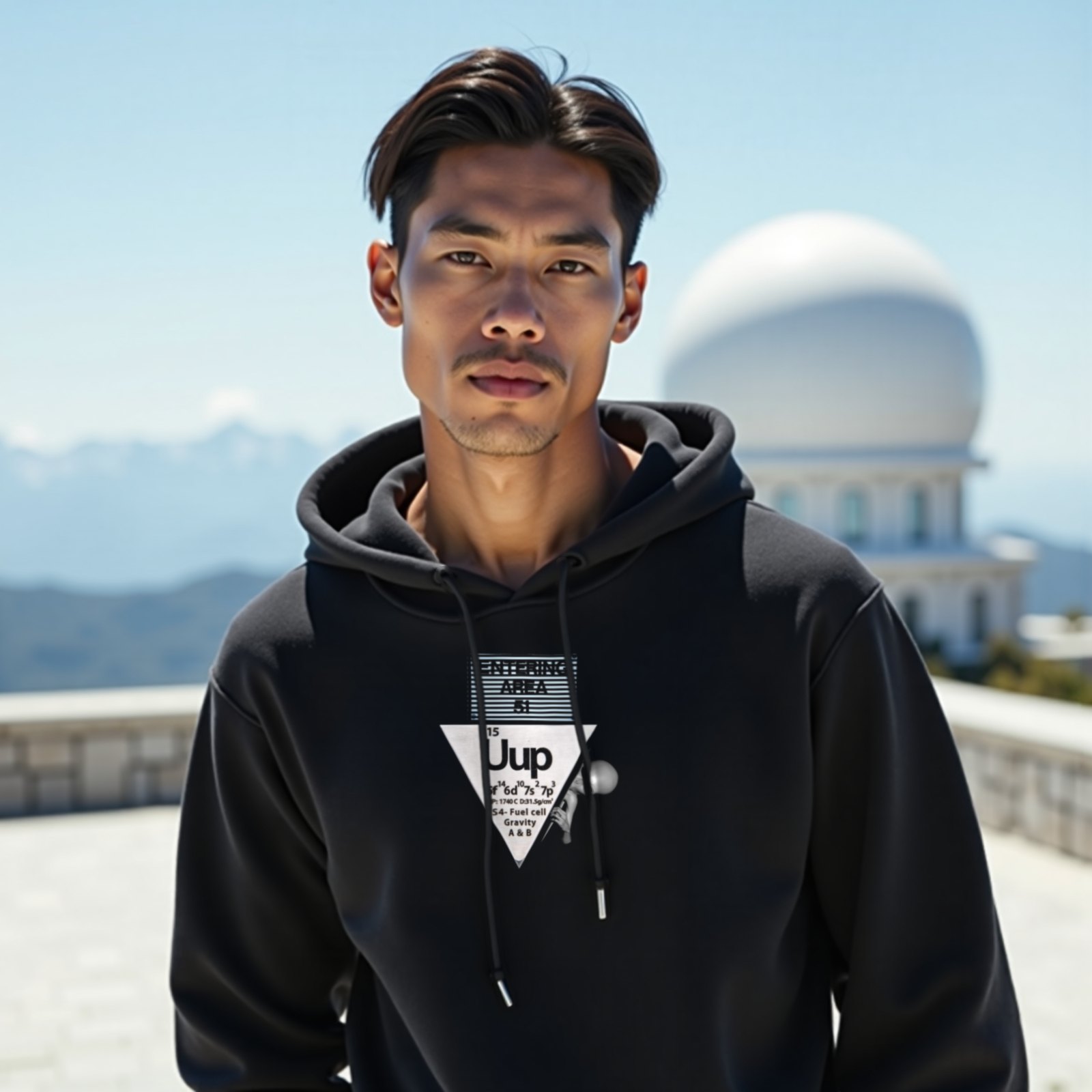 Uup 115 Entering Area 51 hoodie in Black, worn by a model (on the white stone terrace of a mountain-top observatory on a bright clear day). AI-generated image: model and scene are AI-generated; the print is the real artwork.