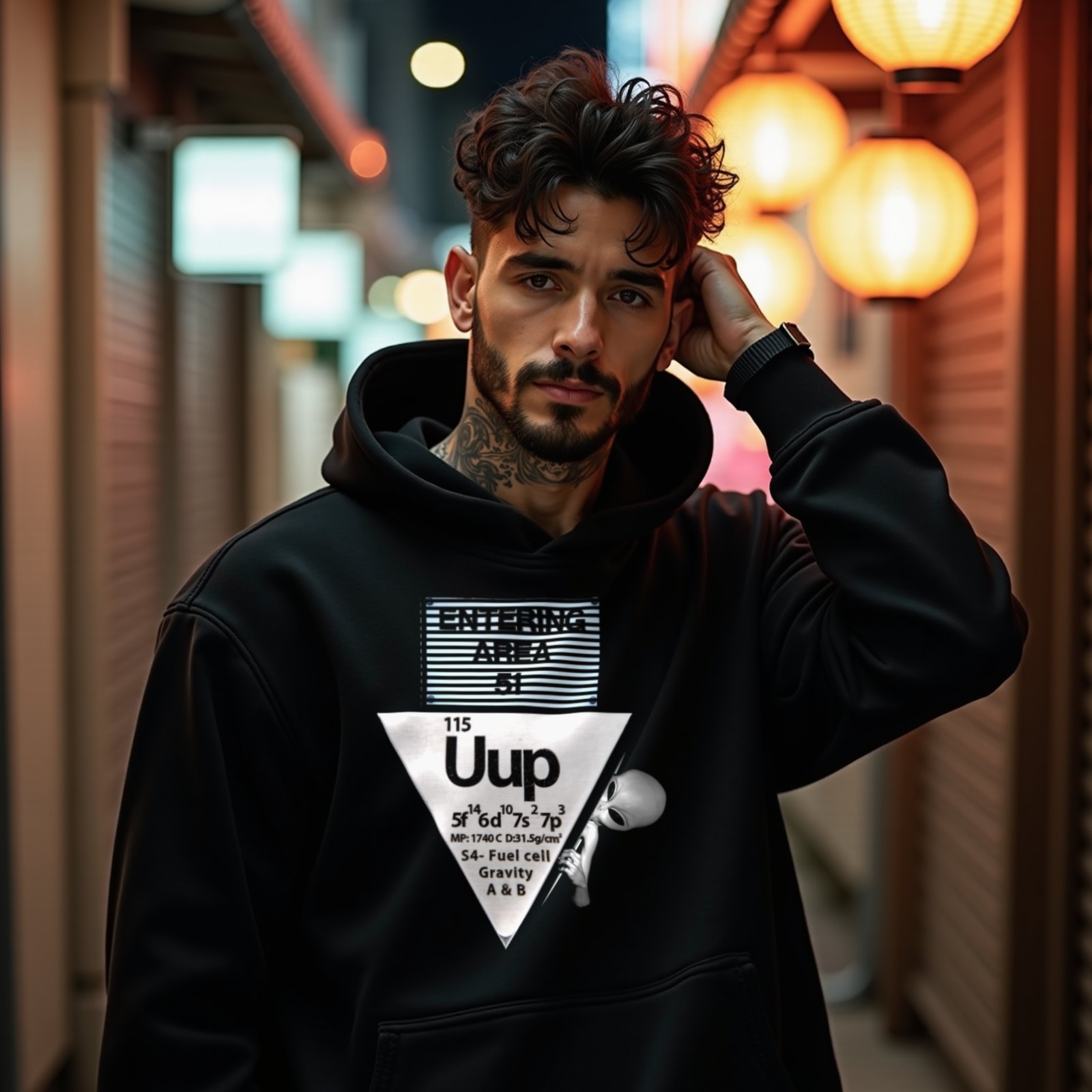 Uup 115 Entering Area 51 hoodie in Black, worn by a model (on a narrow Tokyo street at night). AI-generated image: model and scene are AI-generated; the print is the real artwork.