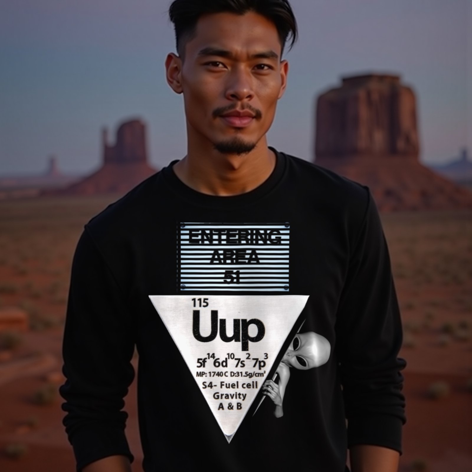 Uup 115 Entering Area 51 long-sleeve T-shirt in Black, worn by a model (in Monument Valley at dusk). AI-generated image: model and scene are AI-generated; the print is the real artwork.