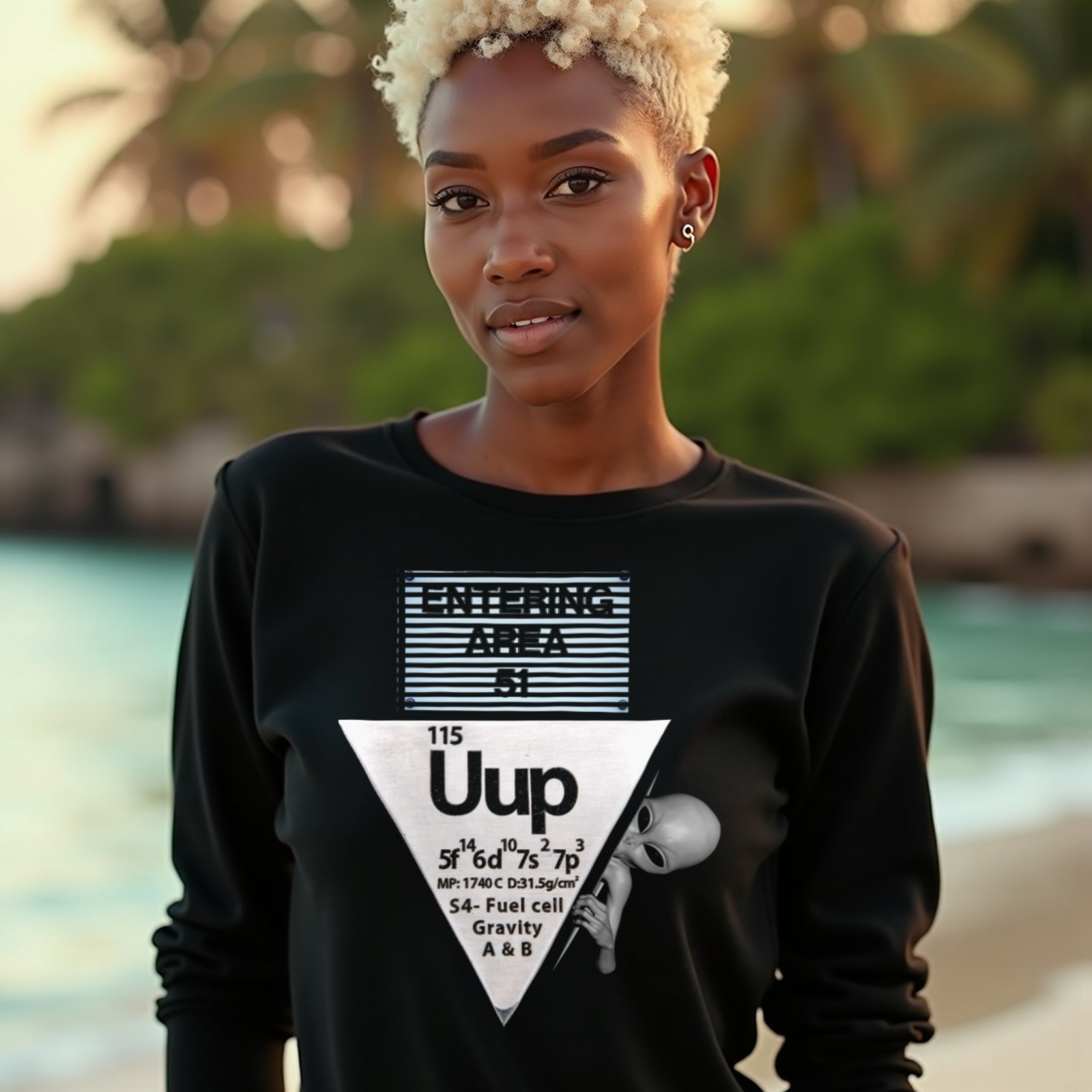 Uup 115 Entering Area 51 long-sleeve T-shirt in Black, worn by a model (on a tropical beach at golden hour). AI-generated image: model and scene are AI-generated; the print is the real artwork.