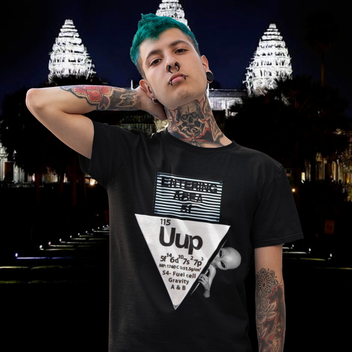 Uup 115 Entering Area 51 T-shirt in Black, front print, worn by a model (temple at night). AI-edited photo: the real print artwork was digitally placed on a model photo.