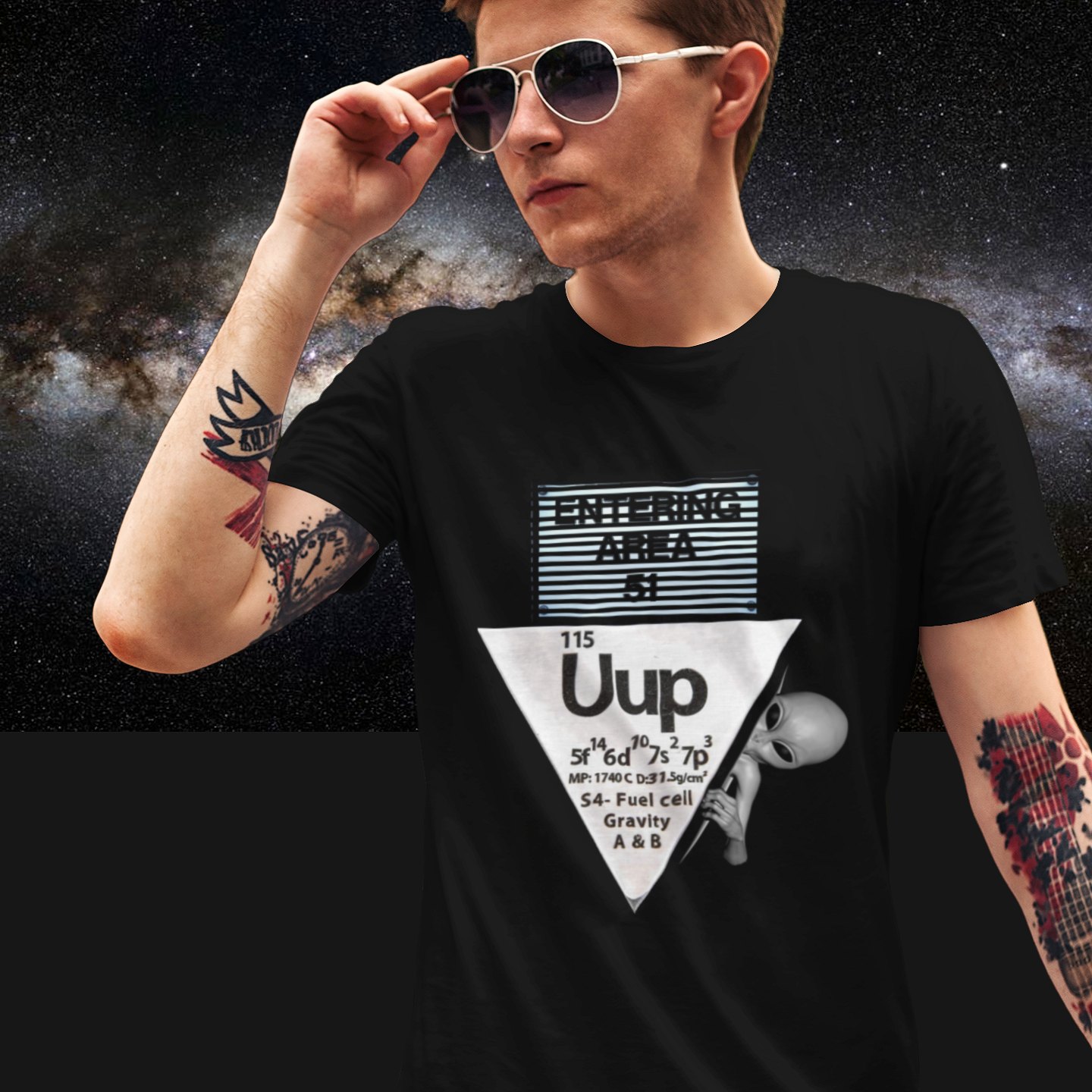 Uup 115 Entering Area 51 T-shirt in Black, front print, worn by a model (Milky Way night). AI-edited photo: the real print artwork was digitally placed on a model photo.