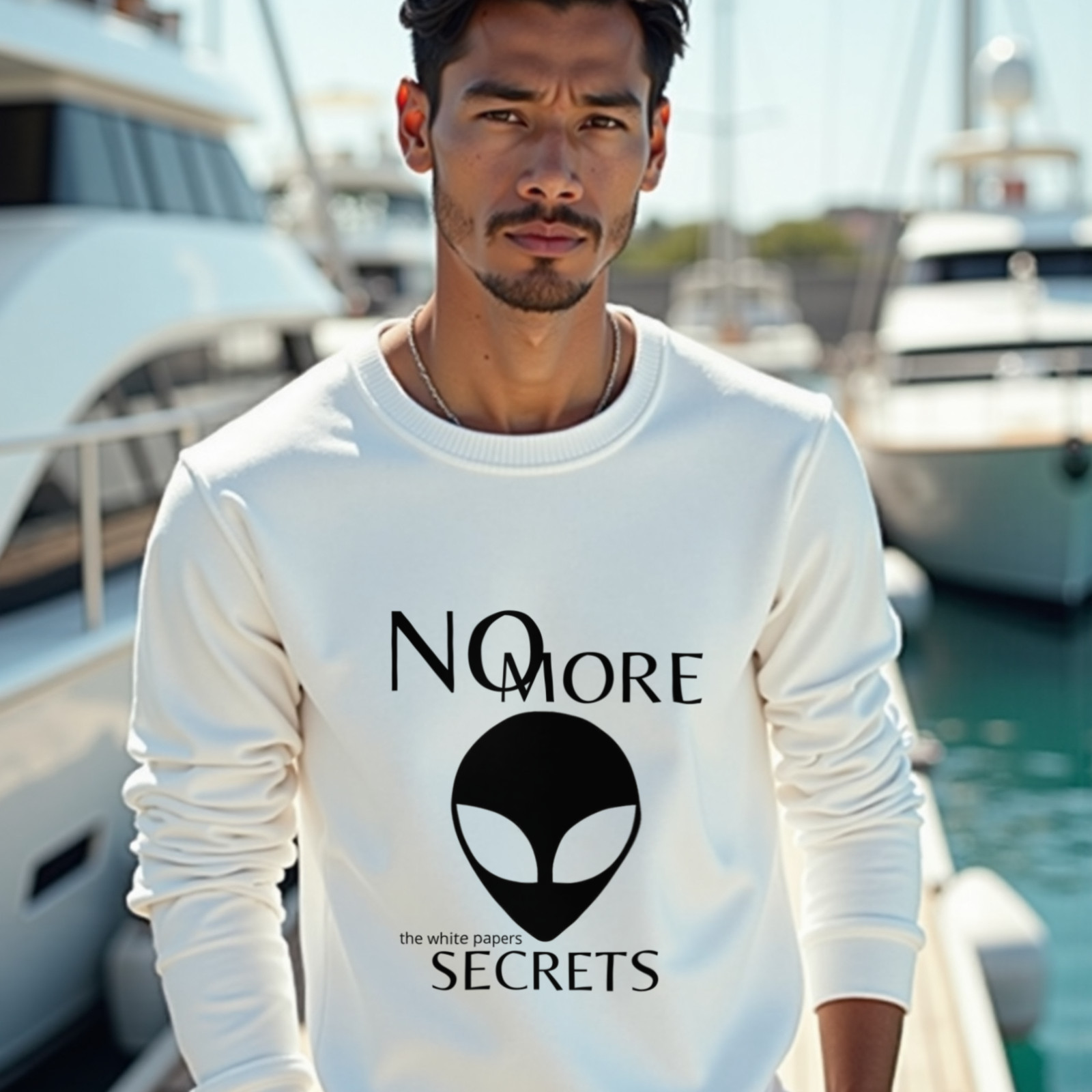 The White Papers My Man Bob crewneck sweatshirt in White, worn by a model (on the teak deck of a sleek yacht in a sunlit Mediterranean marina). AI-generated image: model and scene are AI-generated; the print is the real artwork.