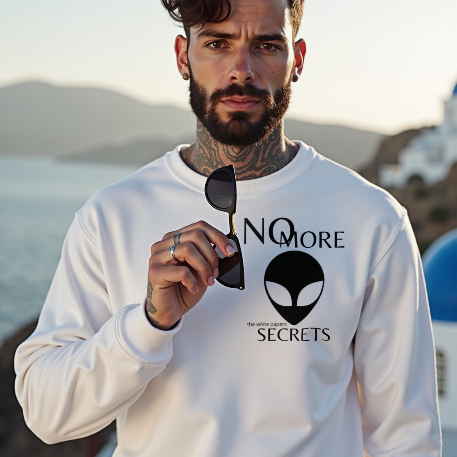 The White Papers My Man Bob crewneck sweatshirt in White, worn by a model (on a whitewashed Santorini terrace at golden hour). AI-generated image: model and scene are AI-generated; the print is the real artwork.