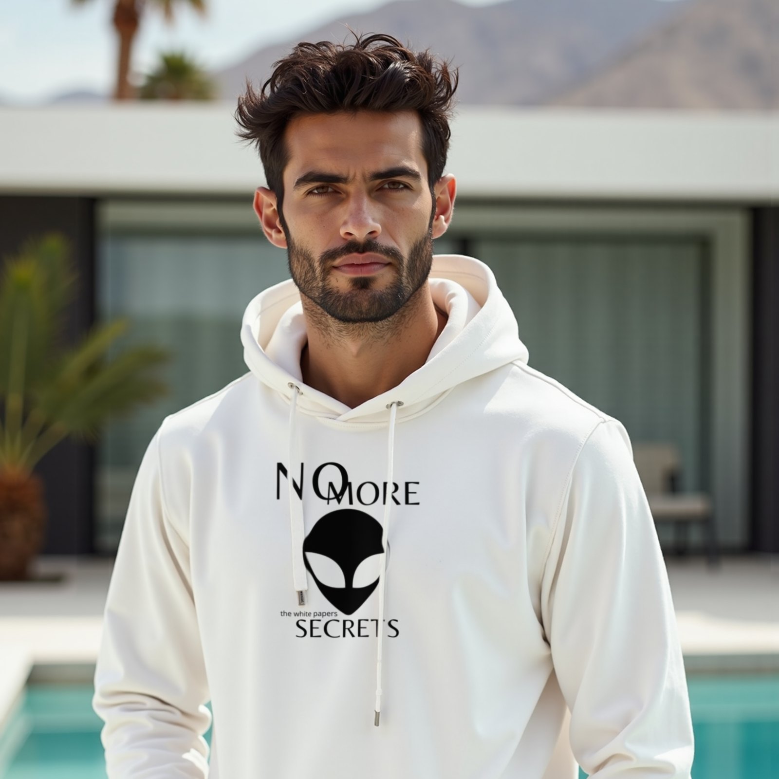 The White Papers My Man Bob hoodie in White, worn by a model (beside a mid-century modern villa pool in Palm Springs). AI-generated image: model and scene are AI-generated; the print is the real artwork.