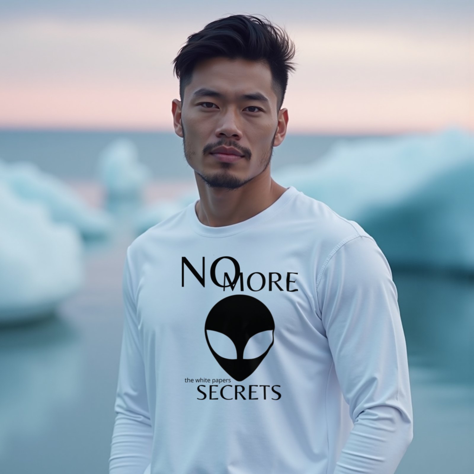 The White Papers My Man Bob long-sleeve T-shirt in White, worn by a model (at the edge of an Icelandic glacier lagoon at blue hour). AI-generated image: model and scene are AI-generated; the print is the real artwork.