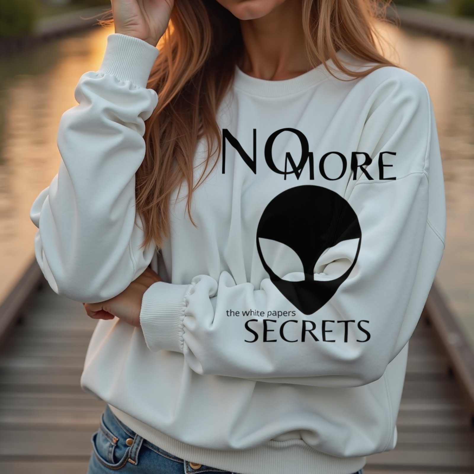 The White Papers Valiant Thor crewneck sweatshirt in White, worn by a model (on a wooden boardwalk by a tropical lagoon at sunset). AI-generated image: model and scene are AI-generated; the print is the real artwork.