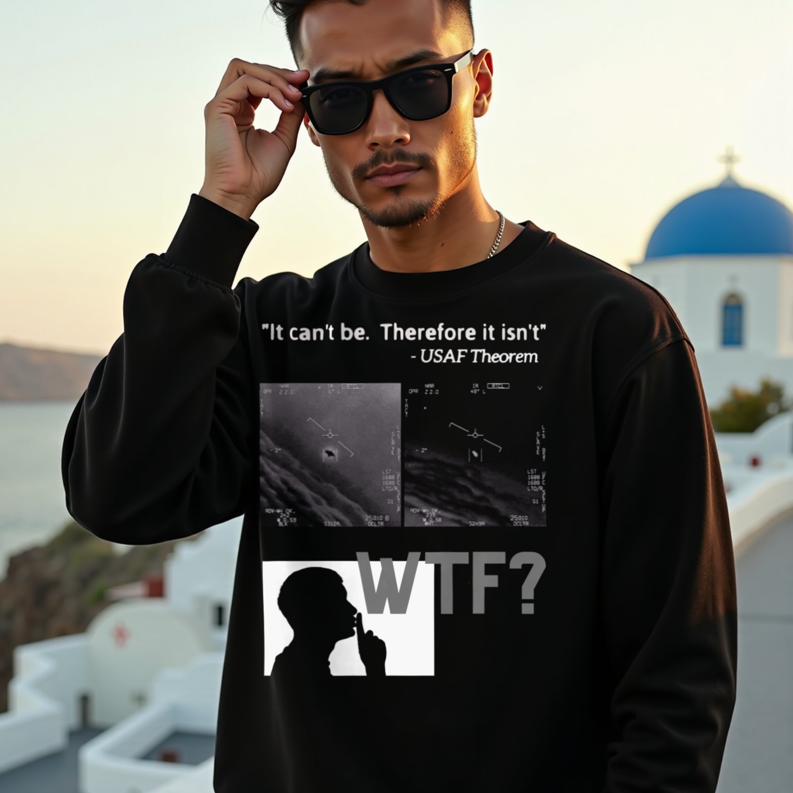 WTF Bad Kids crewneck sweatshirt in Black, worn by a model (on a whitewashed Santorini terrace at golden hour). AI-generated image: model and scene are AI-generated; the print is the real artwork.