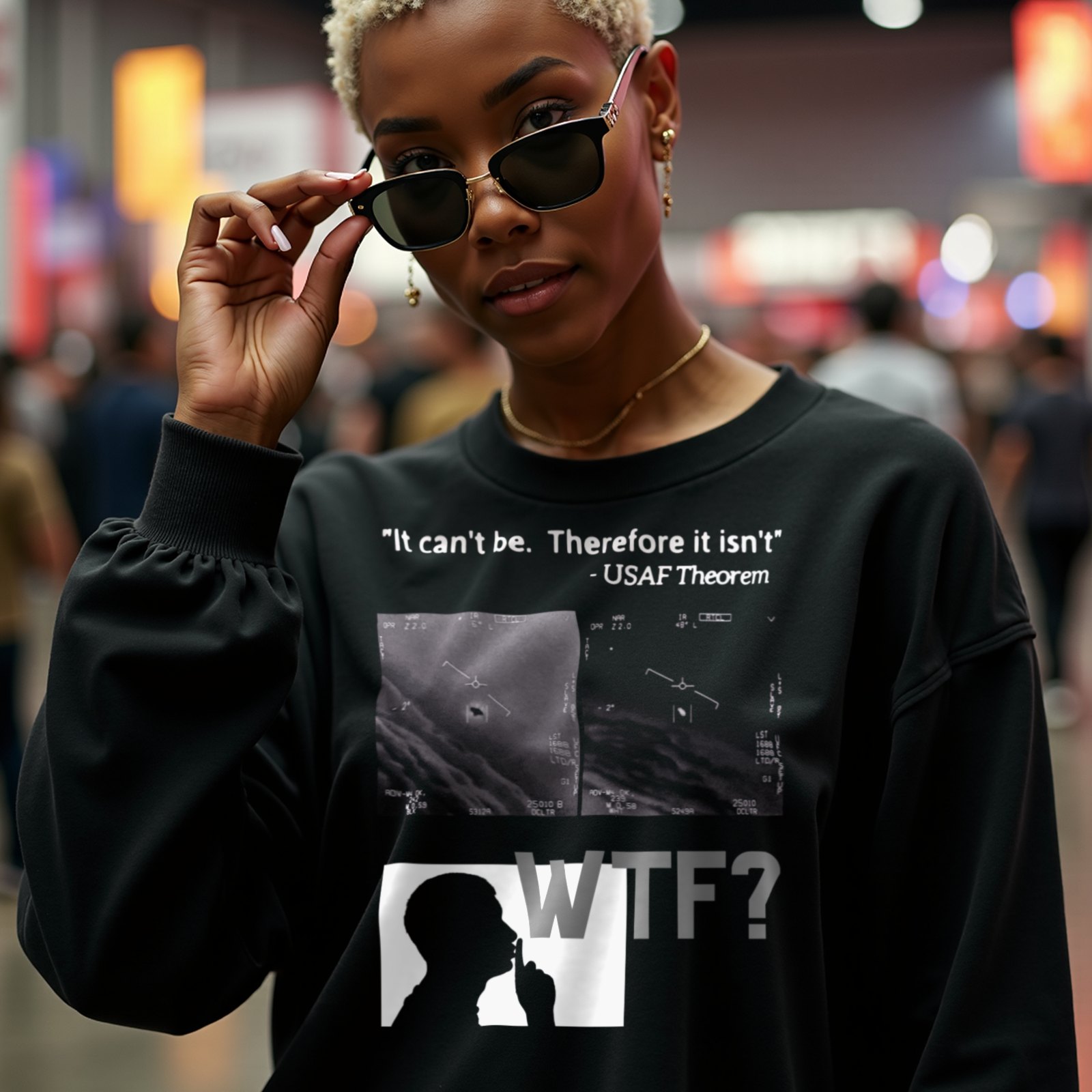 WTF Bad Kids crewneck sweatshirt in Black, worn by a model (in a busy science-fiction fan convention hall). AI-generated image: model and scene are AI-generated; the print is the real artwork.