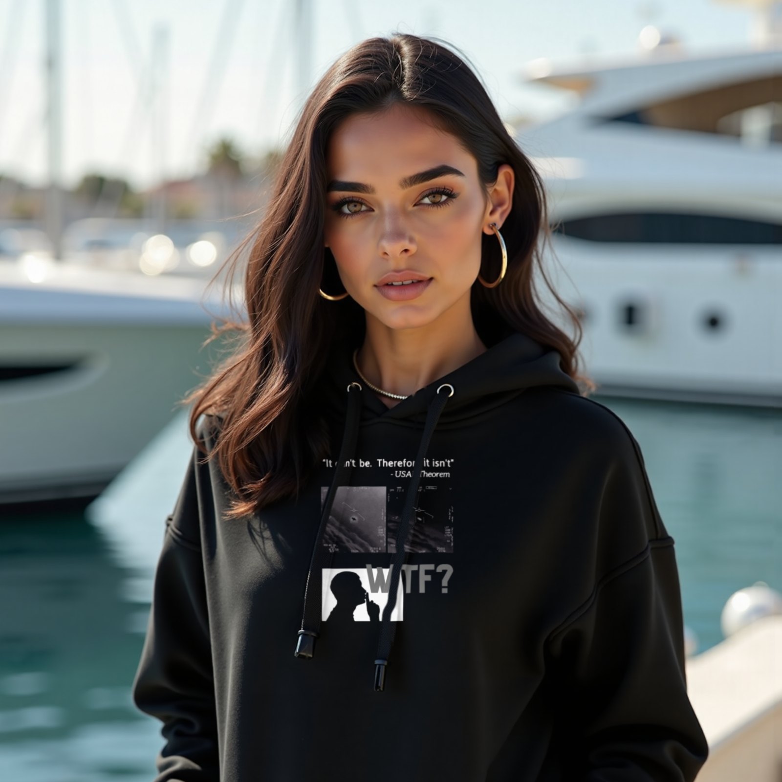 WTF Bad Kids hoodie in Black, worn by a model (on the teak deck of a sleek yacht in a sunlit Mediterranean marina). AI-generated image: model and scene are AI-generated; the print is the real artwork.