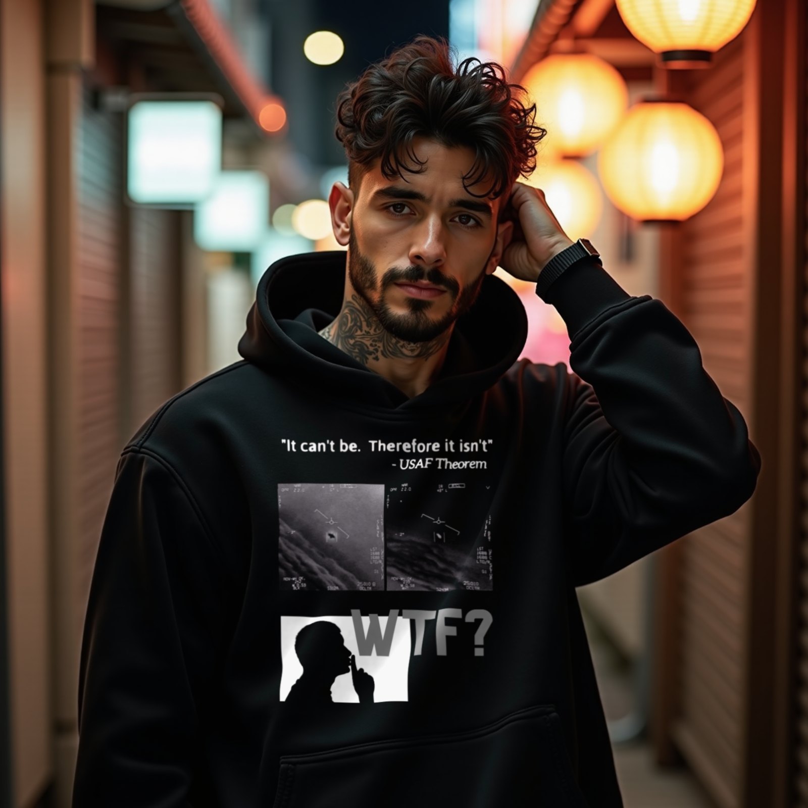 WTF Bad Kids hoodie in Black, worn by a model (on a narrow Tokyo street at night). AI-generated image: model and scene are AI-generated; the print is the real artwork.