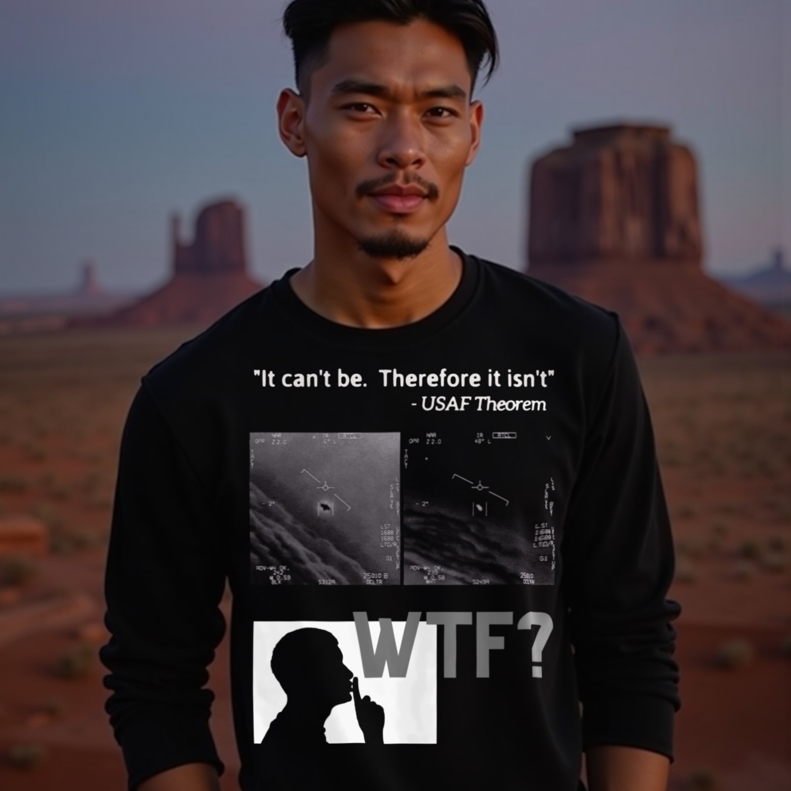WTF Bad Kids long-sleeve T-shirt in Black, worn by a model (in Monument Valley at dusk). AI-generated image: model and scene are AI-generated; the print is the real artwork.