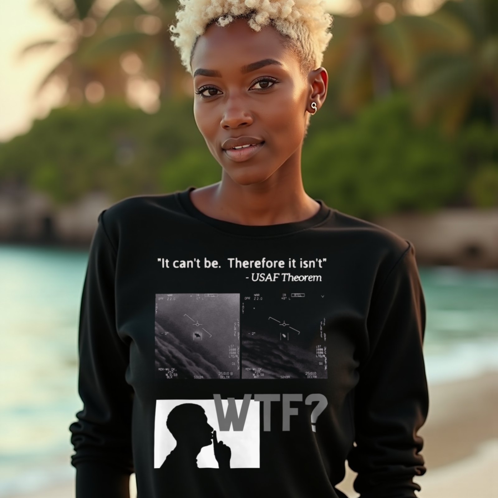 WTF Bad Kids long-sleeve T-shirt in Black, worn by a model (on a tropical beach at golden hour). AI-generated image: model and scene are AI-generated; the print is the real artwork.
