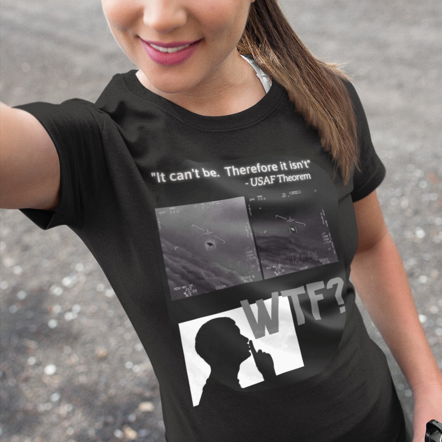 WTF Bad Kids T-shirt in Black, front print, worn by a model (outdoor selfie, day). AI-edited photo: the real print artwork was digitally placed on a model photo.