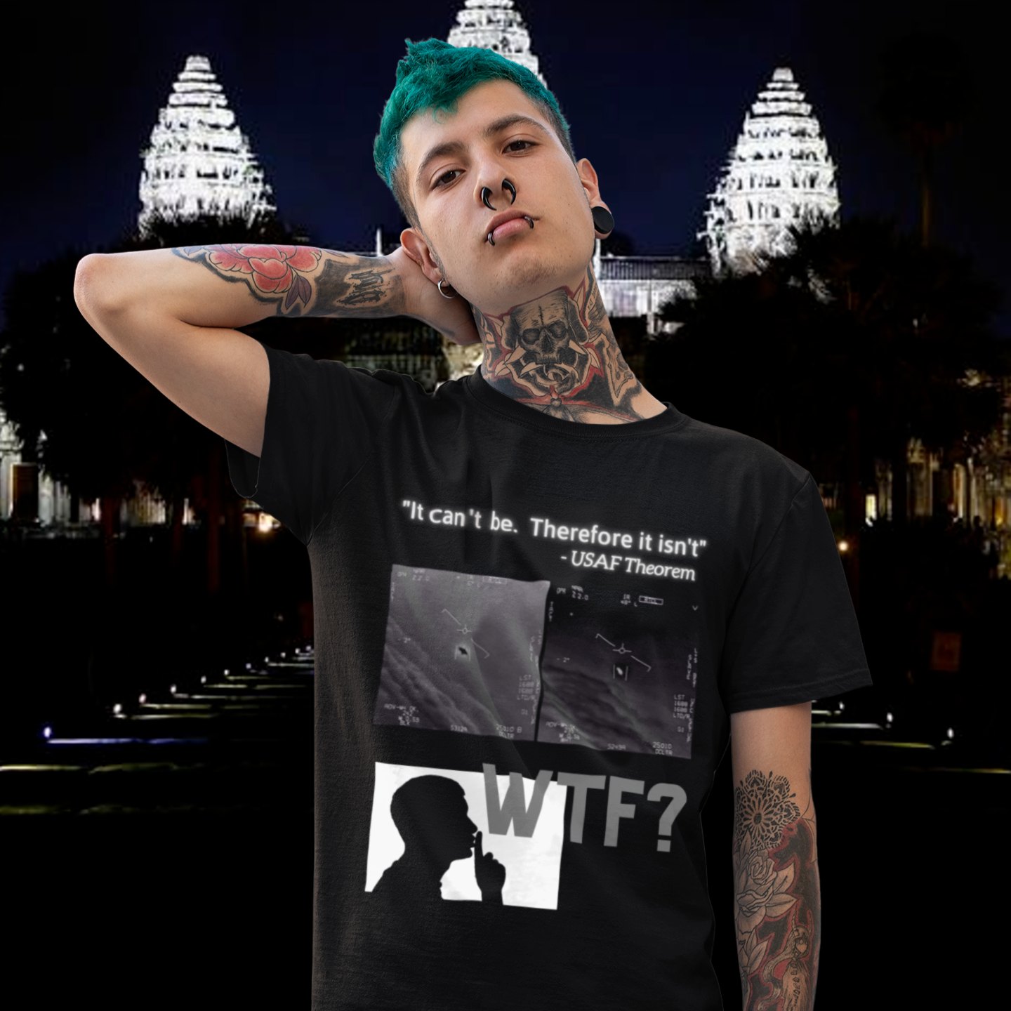 WTF Bad Kids T-shirt in Black, front print, worn by a model (temple at night). AI-edited photo: the real print artwork was digitally placed on a model photo.