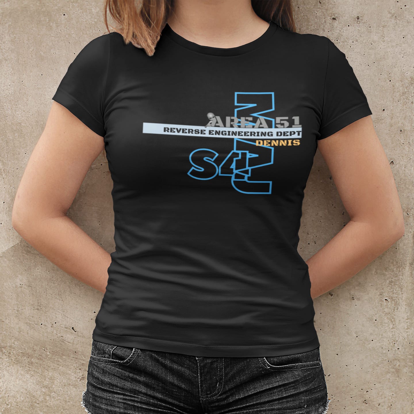 Model wearing the Area 51 Reverse Engineering Dept black T-shirt (front view)