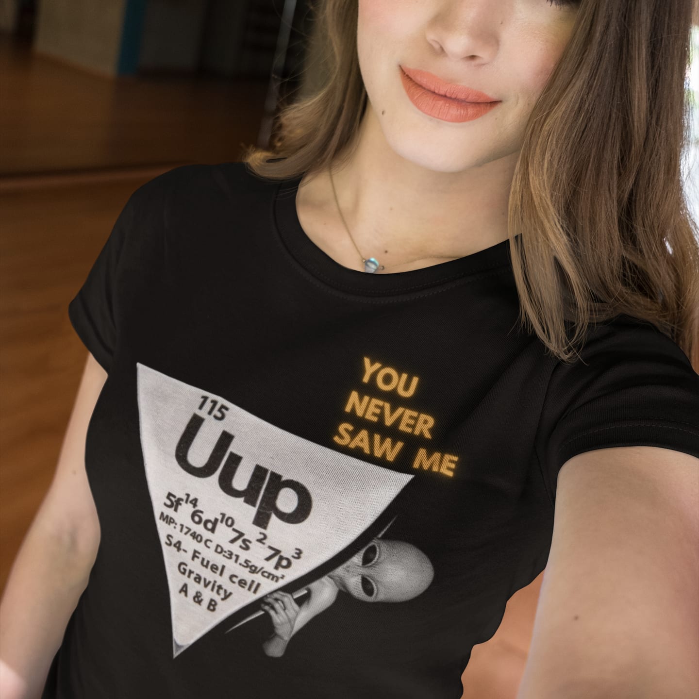Model wearing the Uup 115 "You Never Saw Me" black T-shirt (front view)