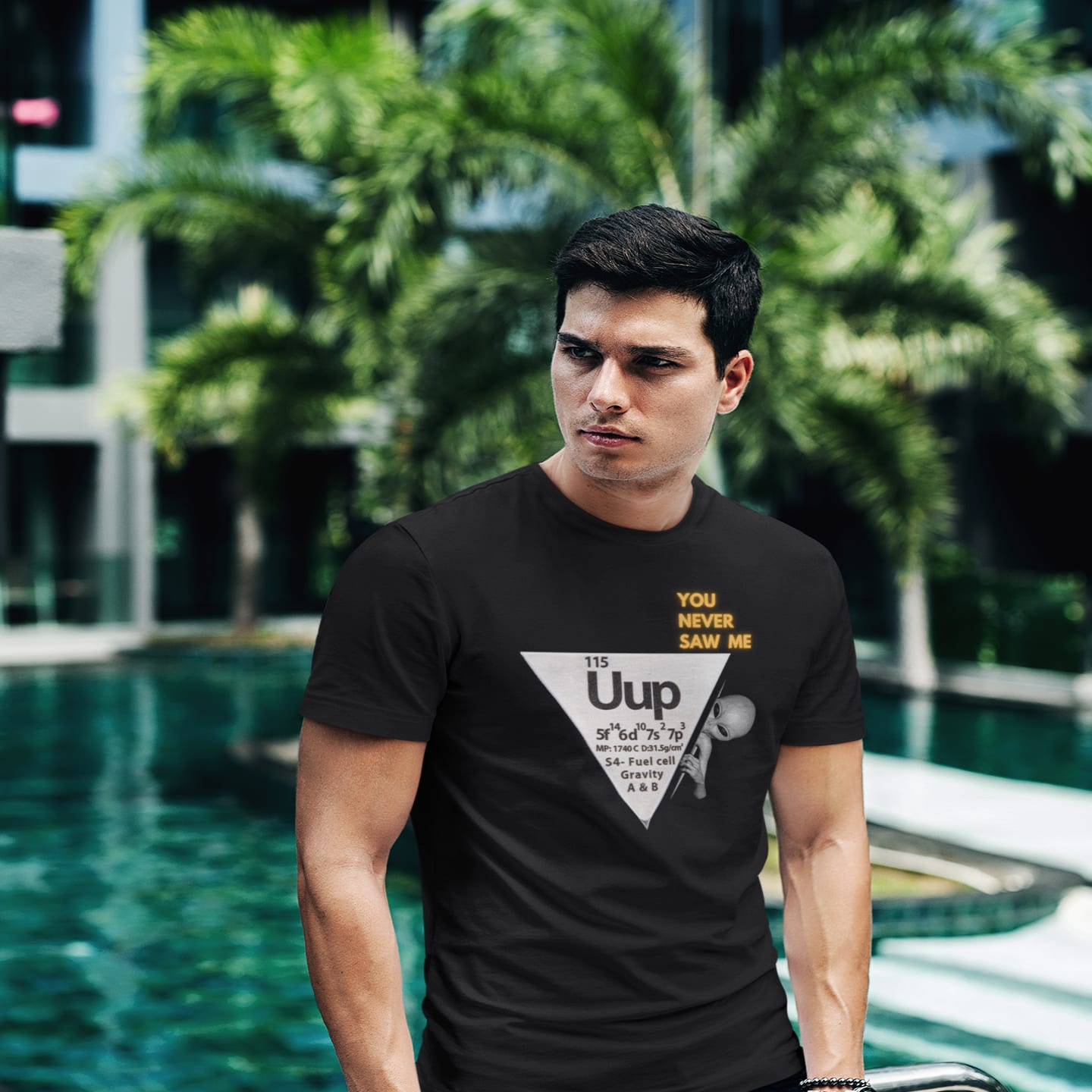 Model wearing the Uup 115 "You Never Saw Me" black T-shirt (front view)