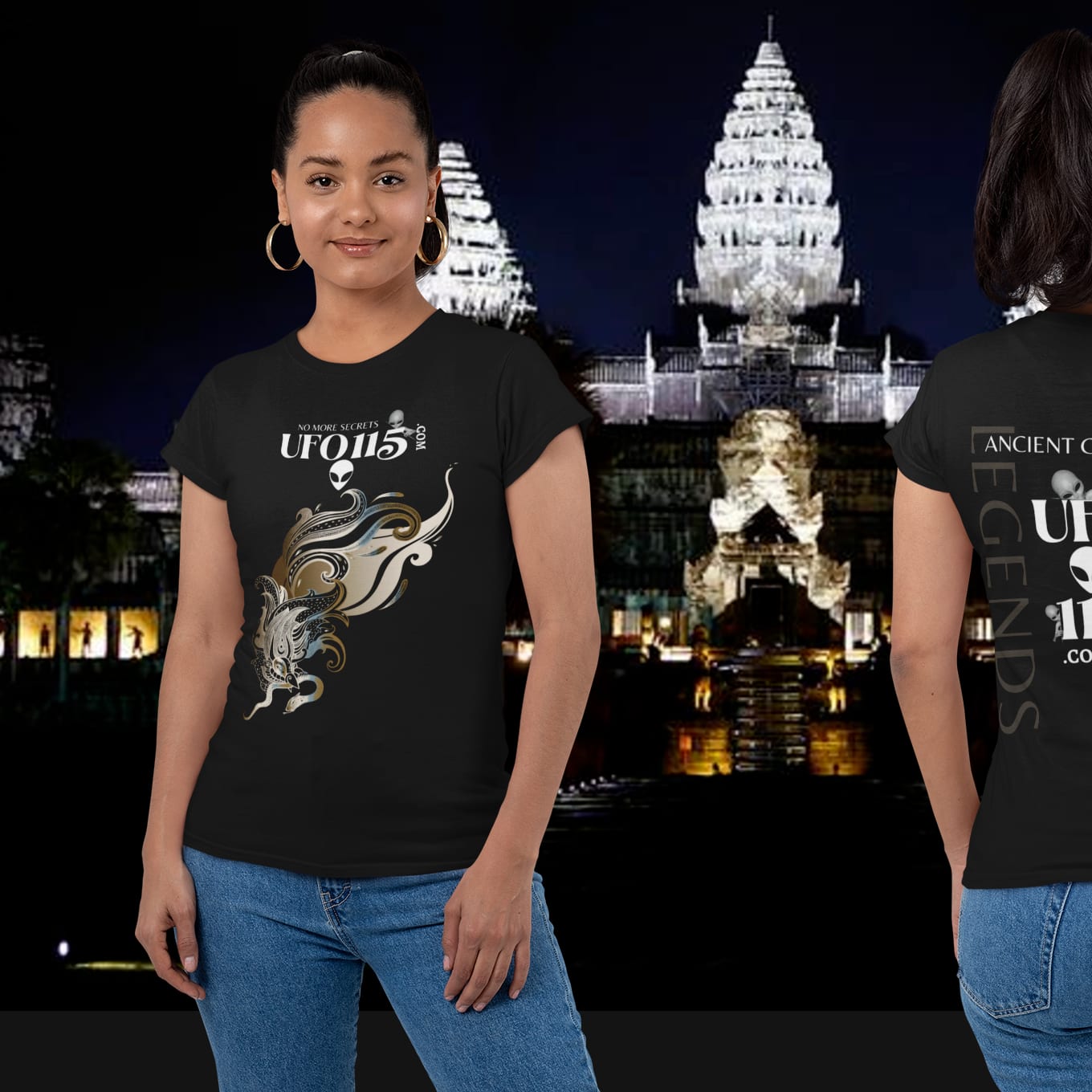 Model wearing the Garuda Bird black T-shirt (front and back views)
