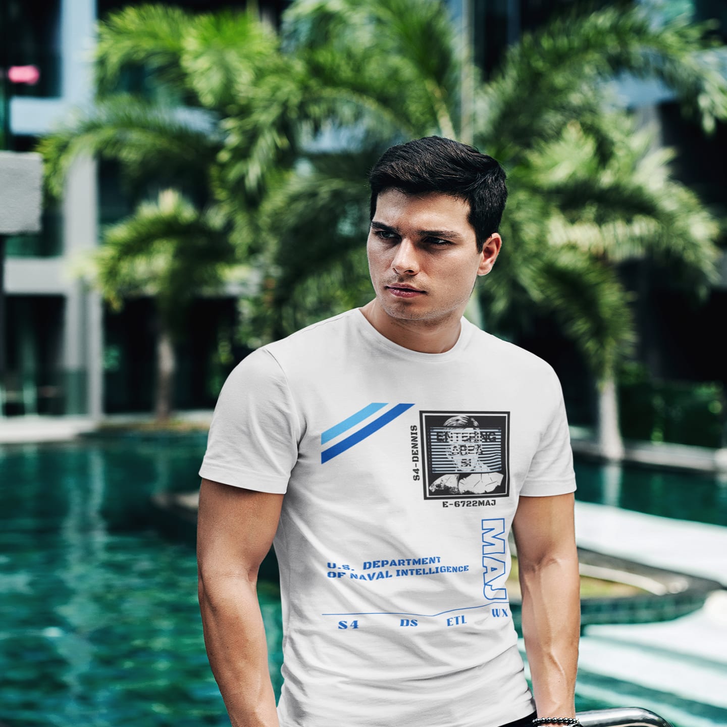 Model wearing the S4 ID My Man Bob white T-shirt (front view)