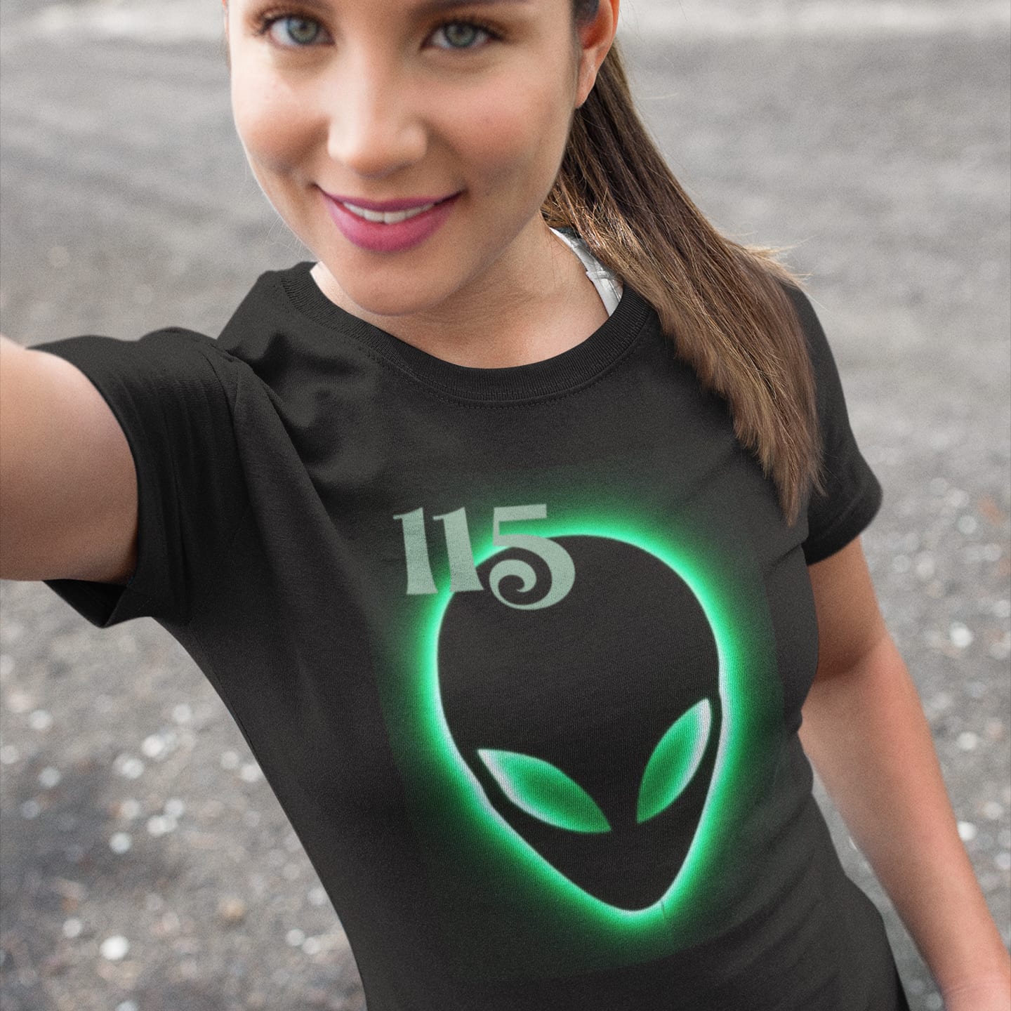 Model wearing the Element 115 Glowing Alien Grey black T-shirt (front view)