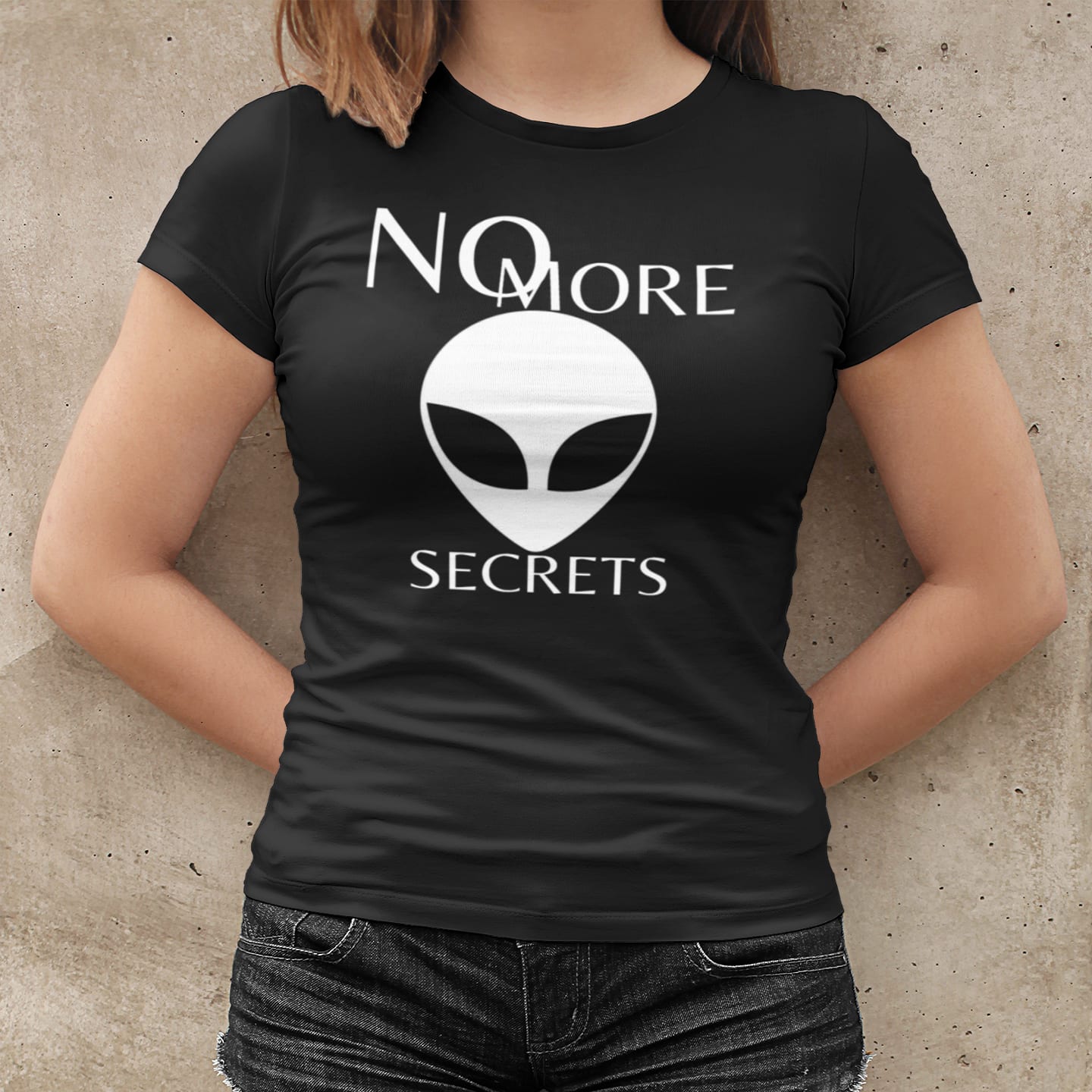 Model wearing the No More Secrets Area 51 black T-shirt (front view)
