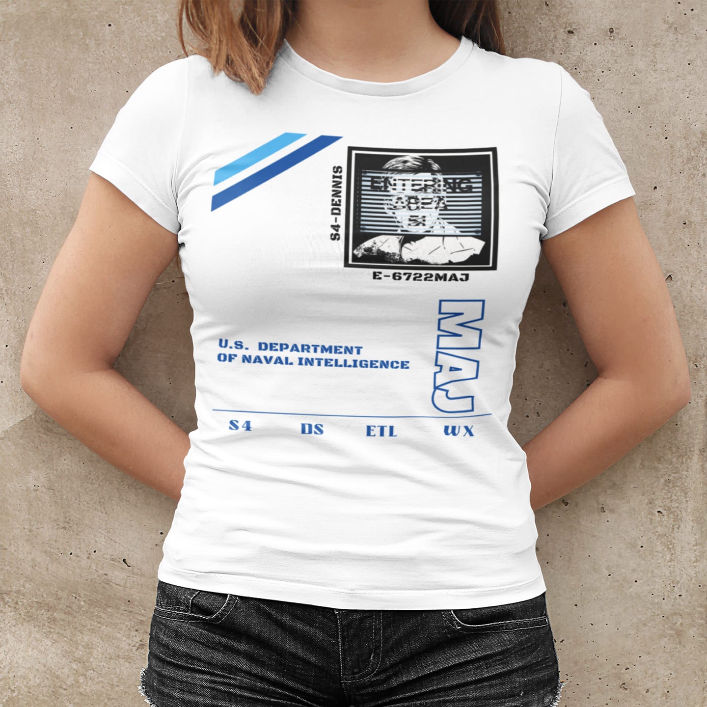 Model wearing the S4 ID My Man Bob white T-shirt (front view)