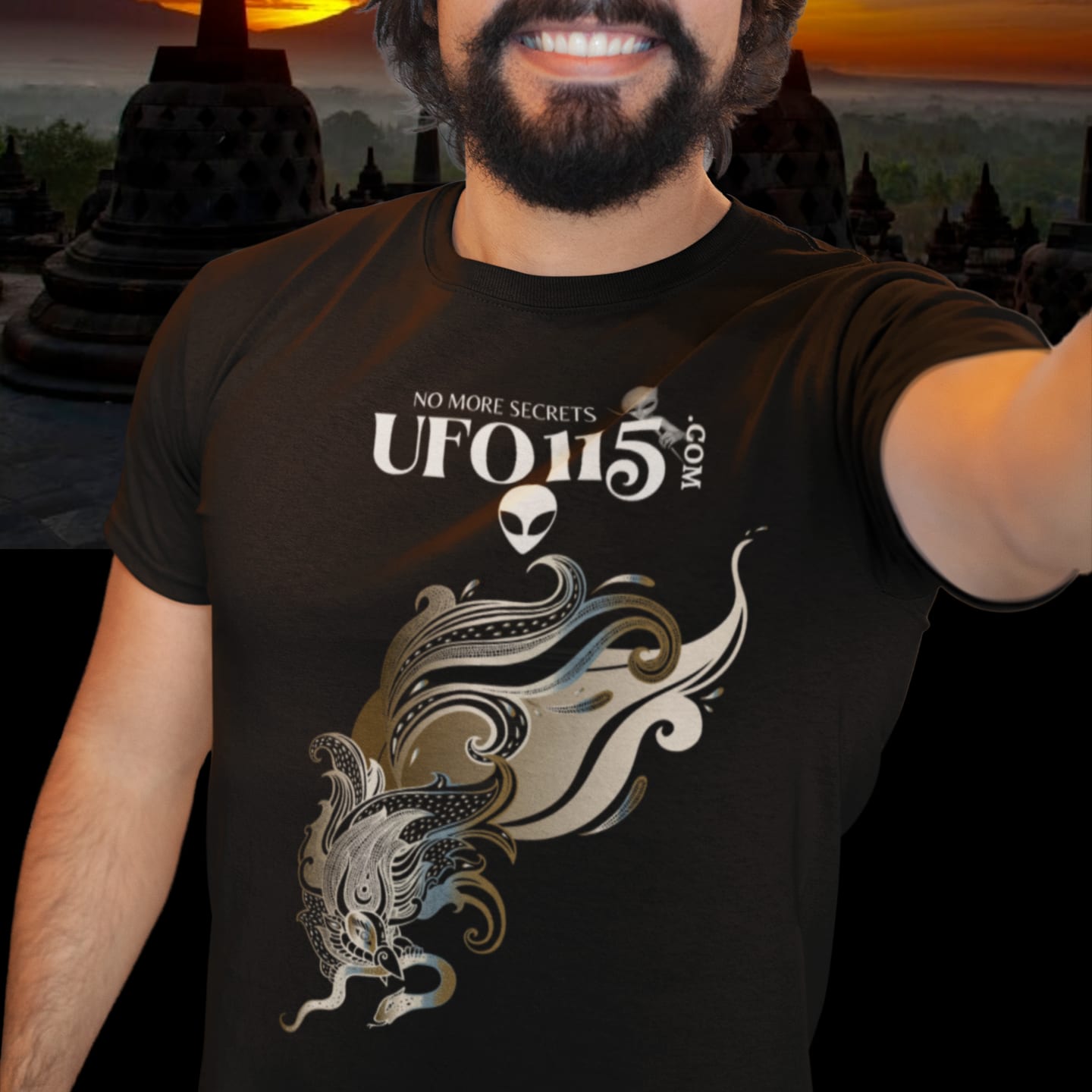 Model wearing the Garuda Bird black T-shirt (front view)