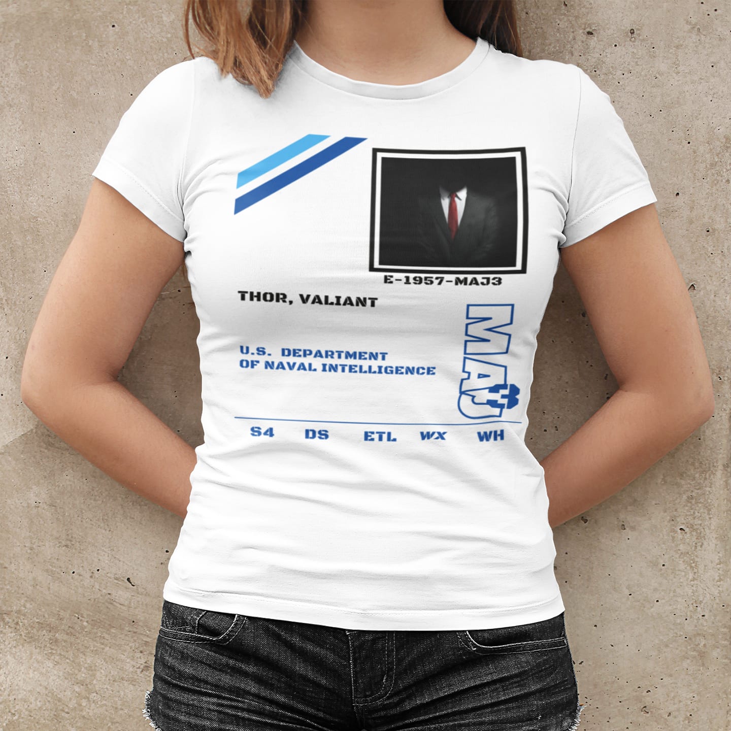 Model wearing the S4 ID Valiant Thor white T-shirt (front view)