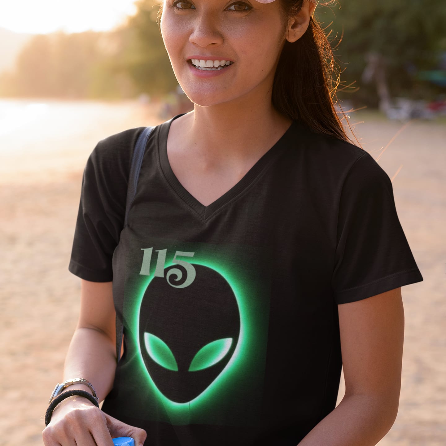 Model wearing the Element 115 Glowing Alien Grey black V-neck T-shirt (front view)