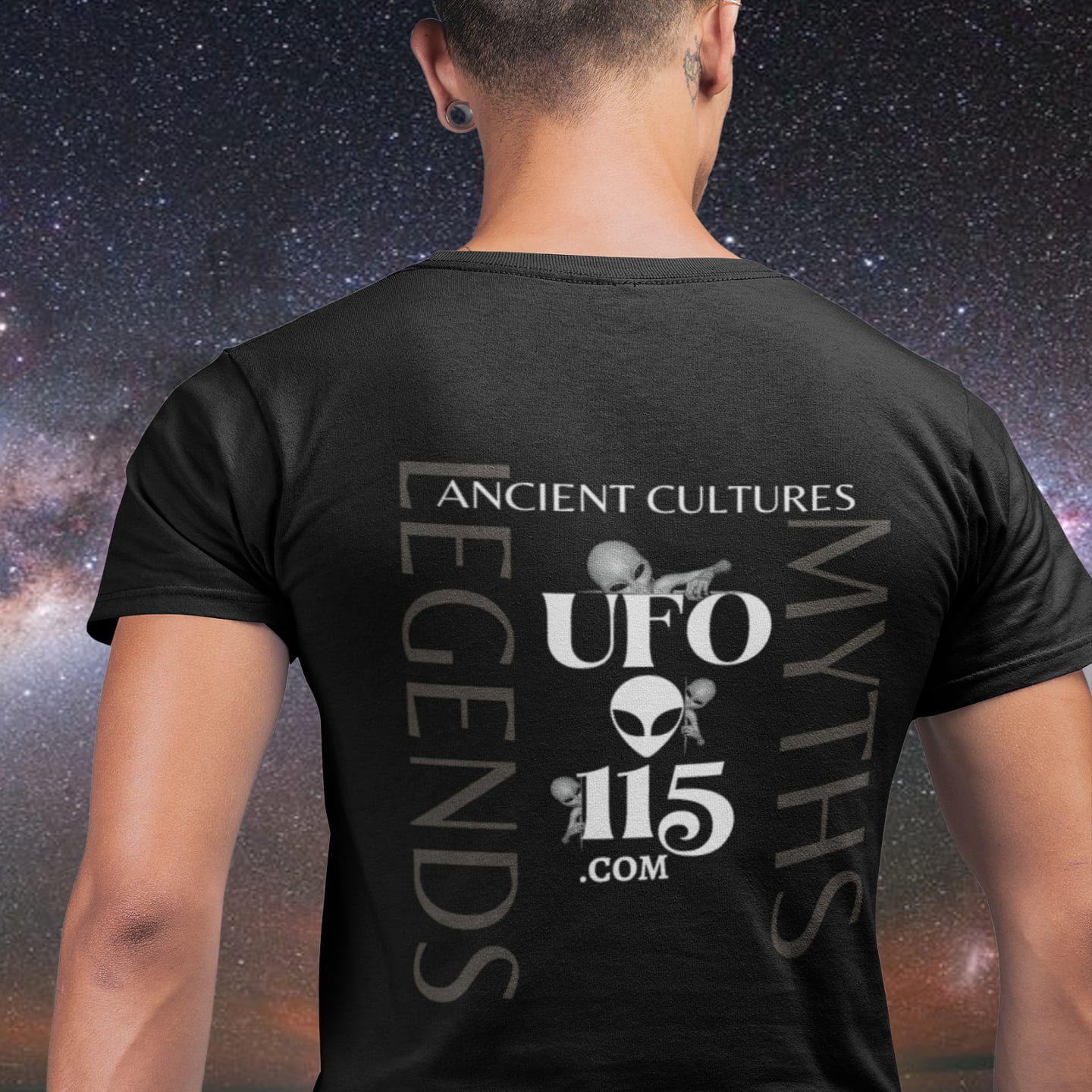 Model wearing the Garuda Bird black T-shirt (back view, UFO115 back print)