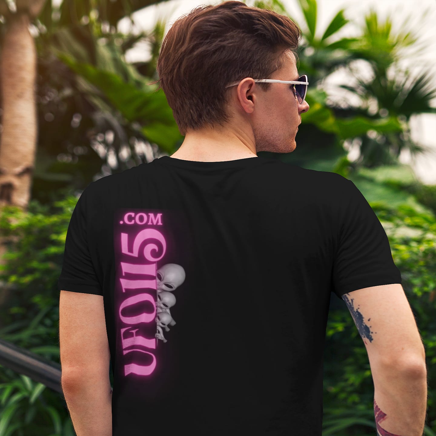 Model wearing the Have a Nice Day Mask black T-shirt (back view, UFO115 back print)