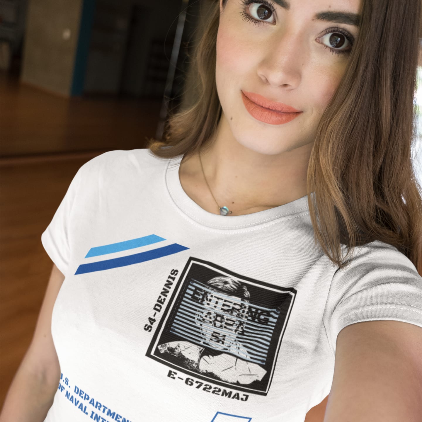 Model wearing the S4 ID My Man Bob white T-shirt (front view)
