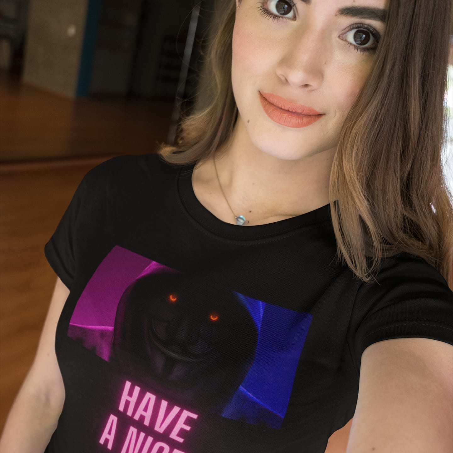 Model wearing the Have a Nice Day Mask black T-shirt (front view)