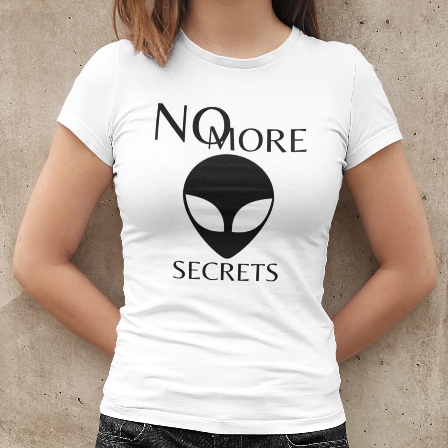 Model wearing the No More Secrets Black Alien Face white T-shirt (front view)