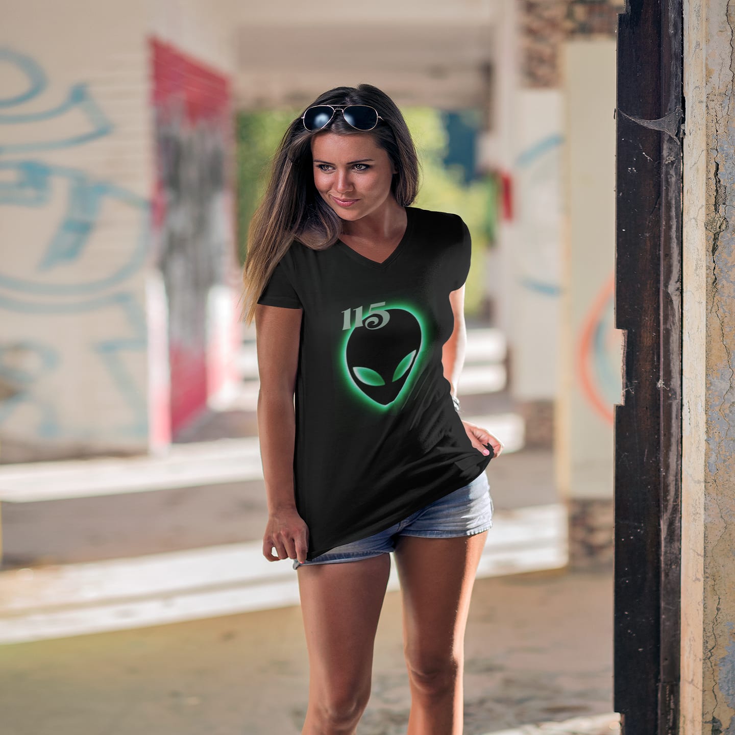 Model wearing the Element 115 Glowing Alien Grey black V-neck T-shirt (front view)