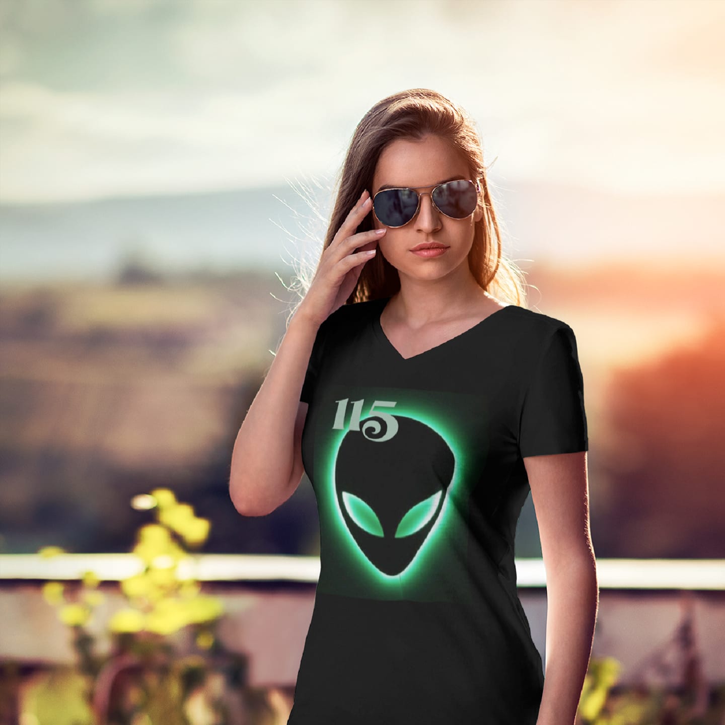 Model wearing the Element 115 Glowing Alien Grey black V-neck T-shirt (front view)