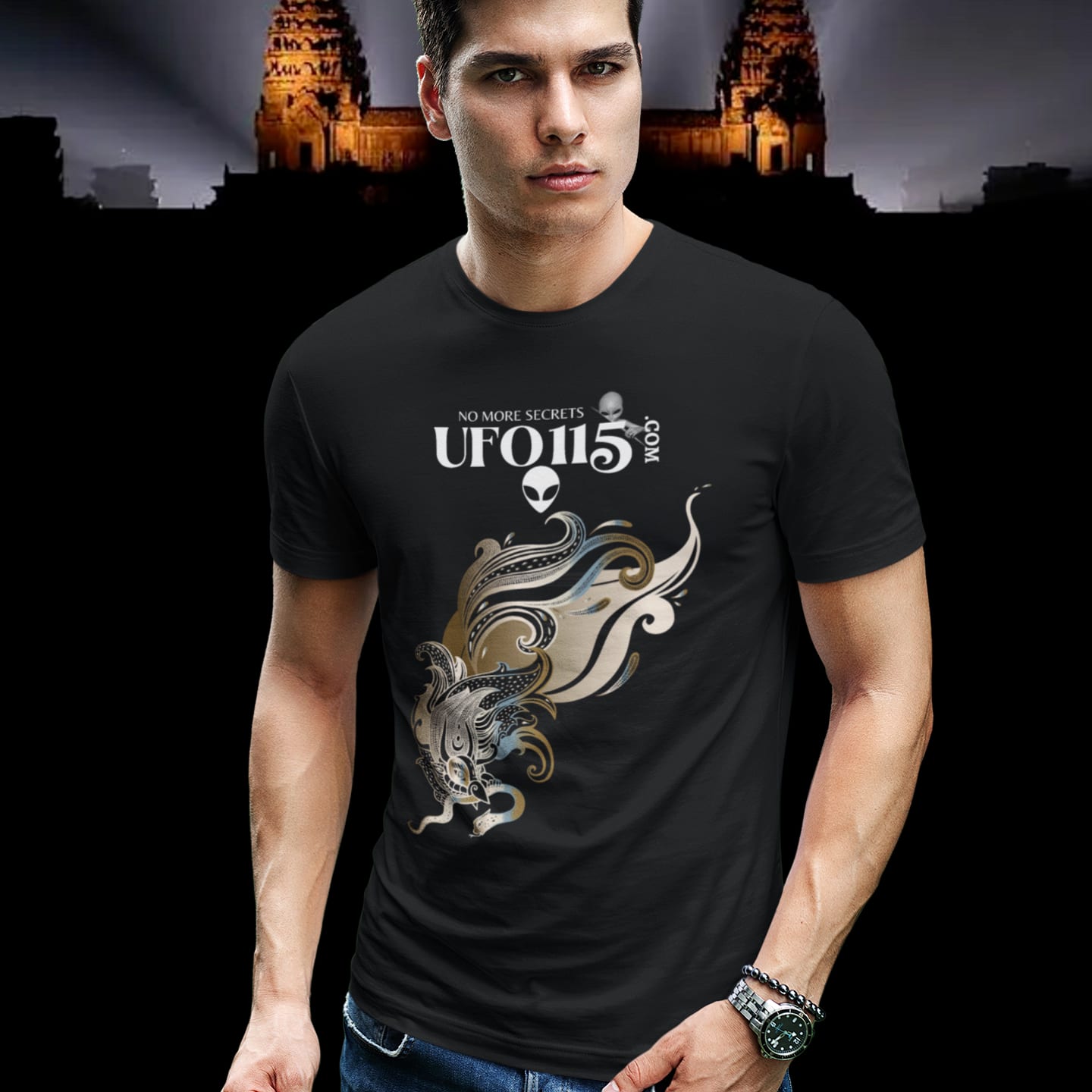 Model wearing the Garuda Bird black T-shirt (front view)