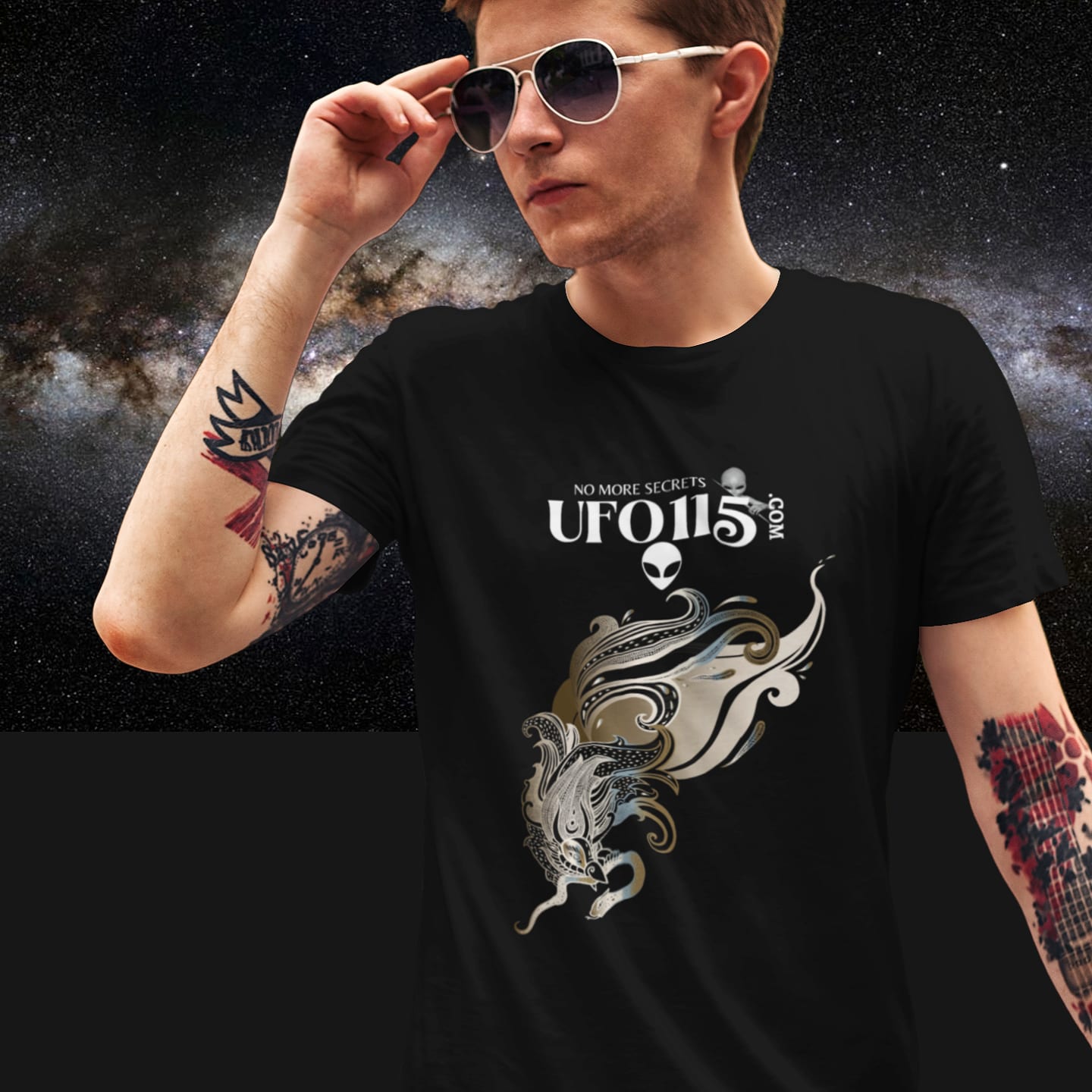 Model wearing the Garuda Bird black T-shirt (front view)