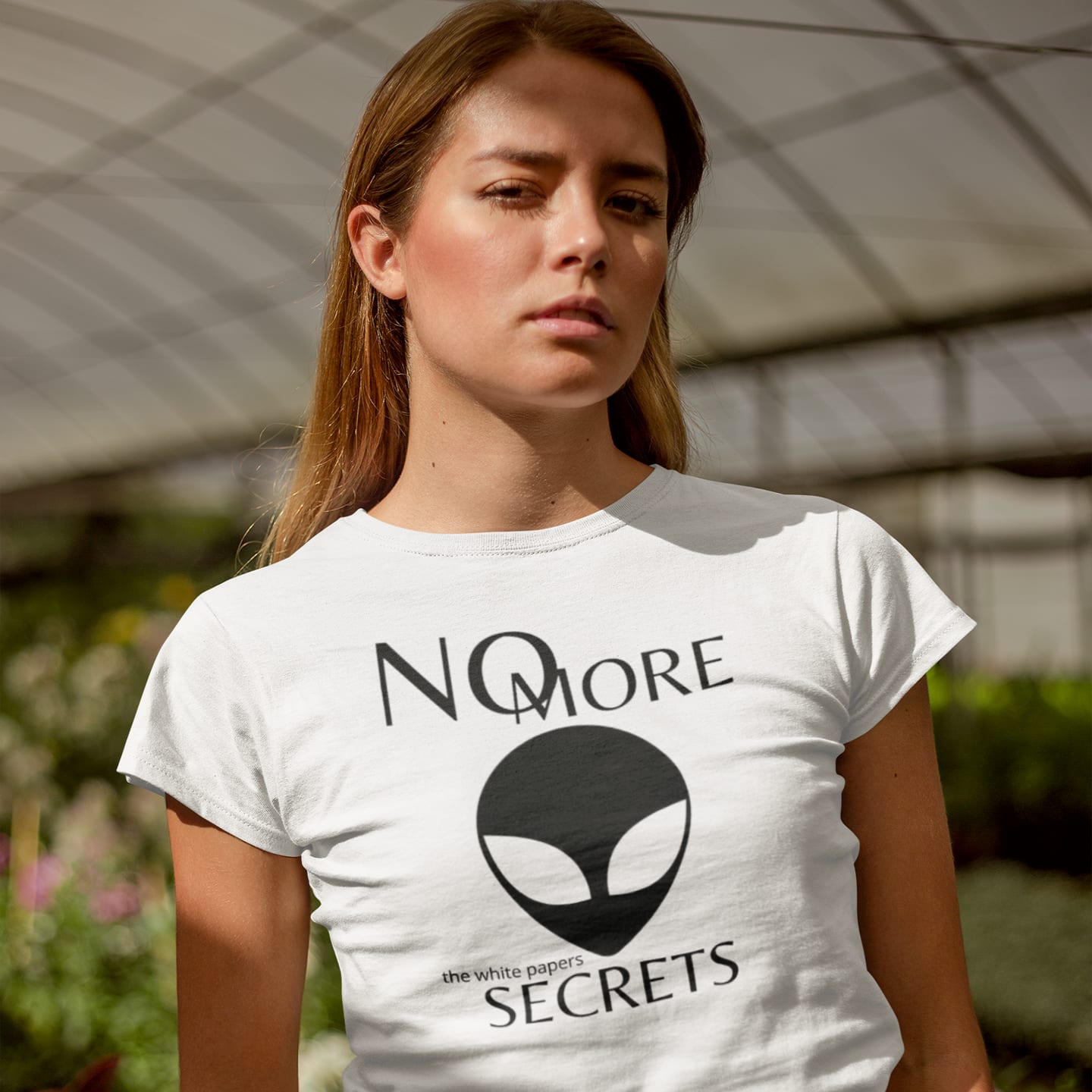 Model wearing the The White Papers My Man Bob white T-shirt (front view)
