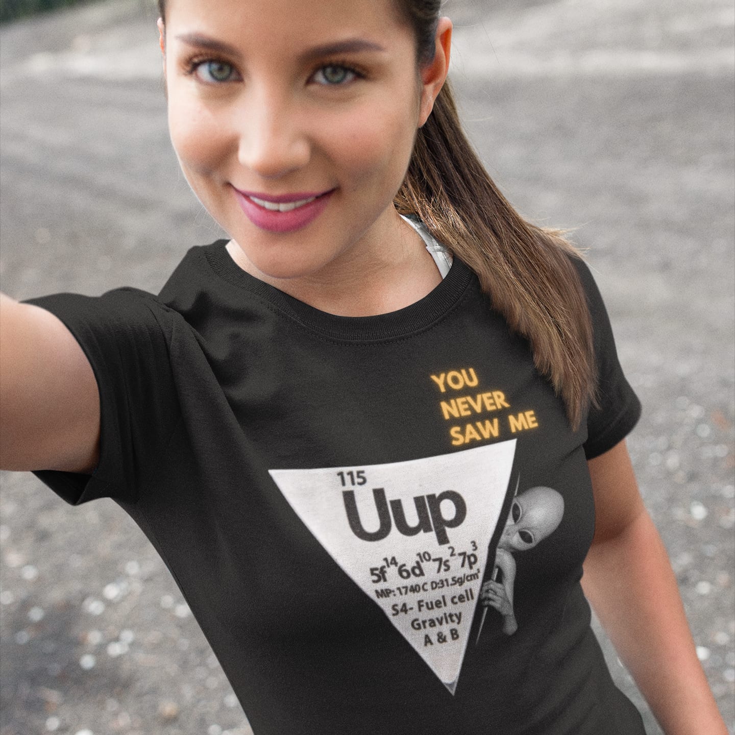 Model wearing the Uup 115 "You Never Saw Me" black T-shirt (front view)