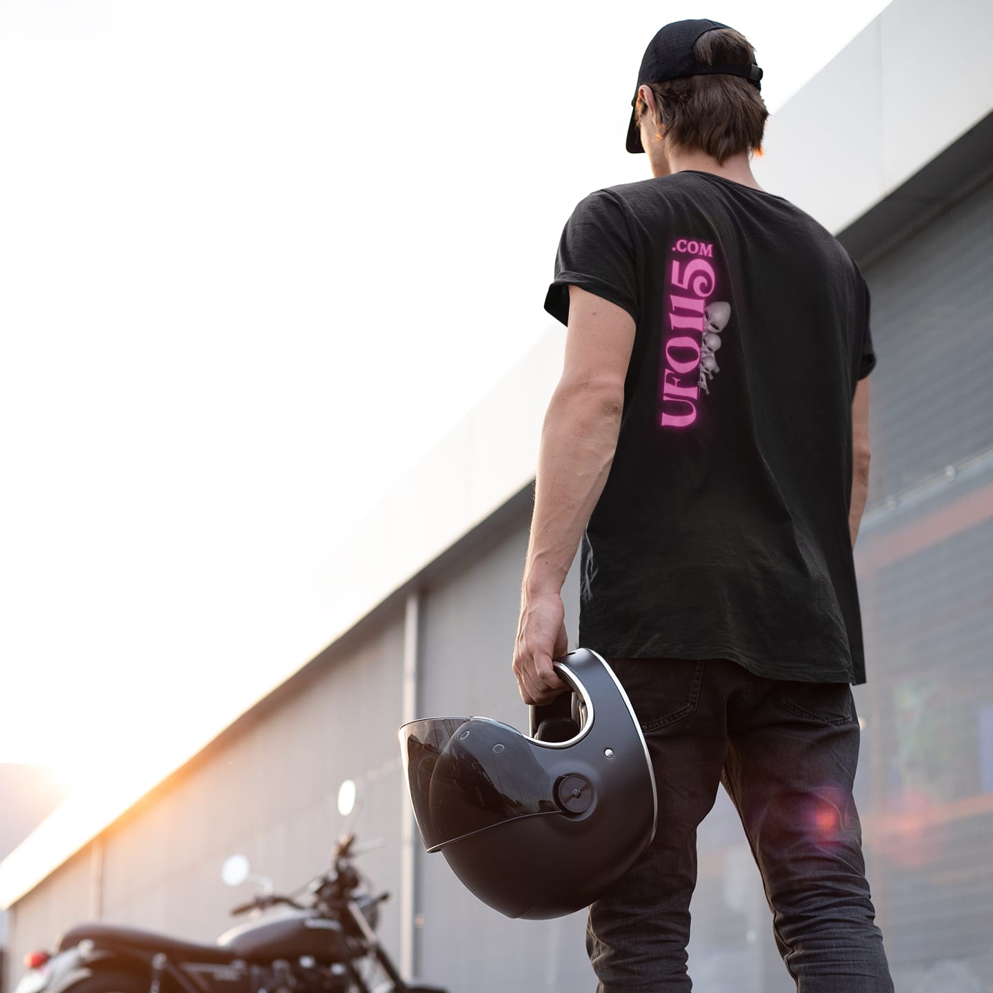 Model wearing the Have a Nice Day Mask black T-shirt (back view, UFO115 back print)