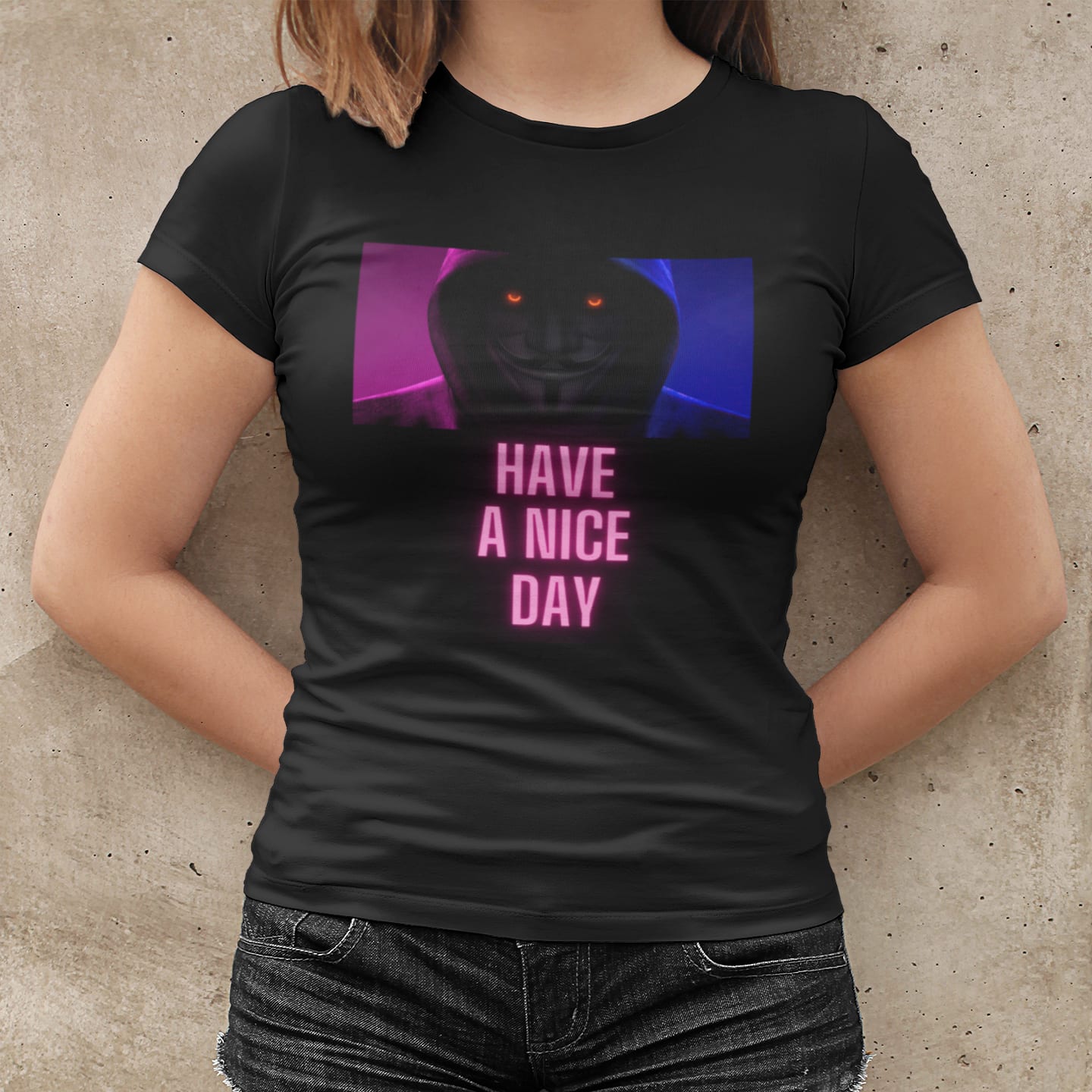 Model wearing the Have a Nice Day Mask black T-shirt (front view)