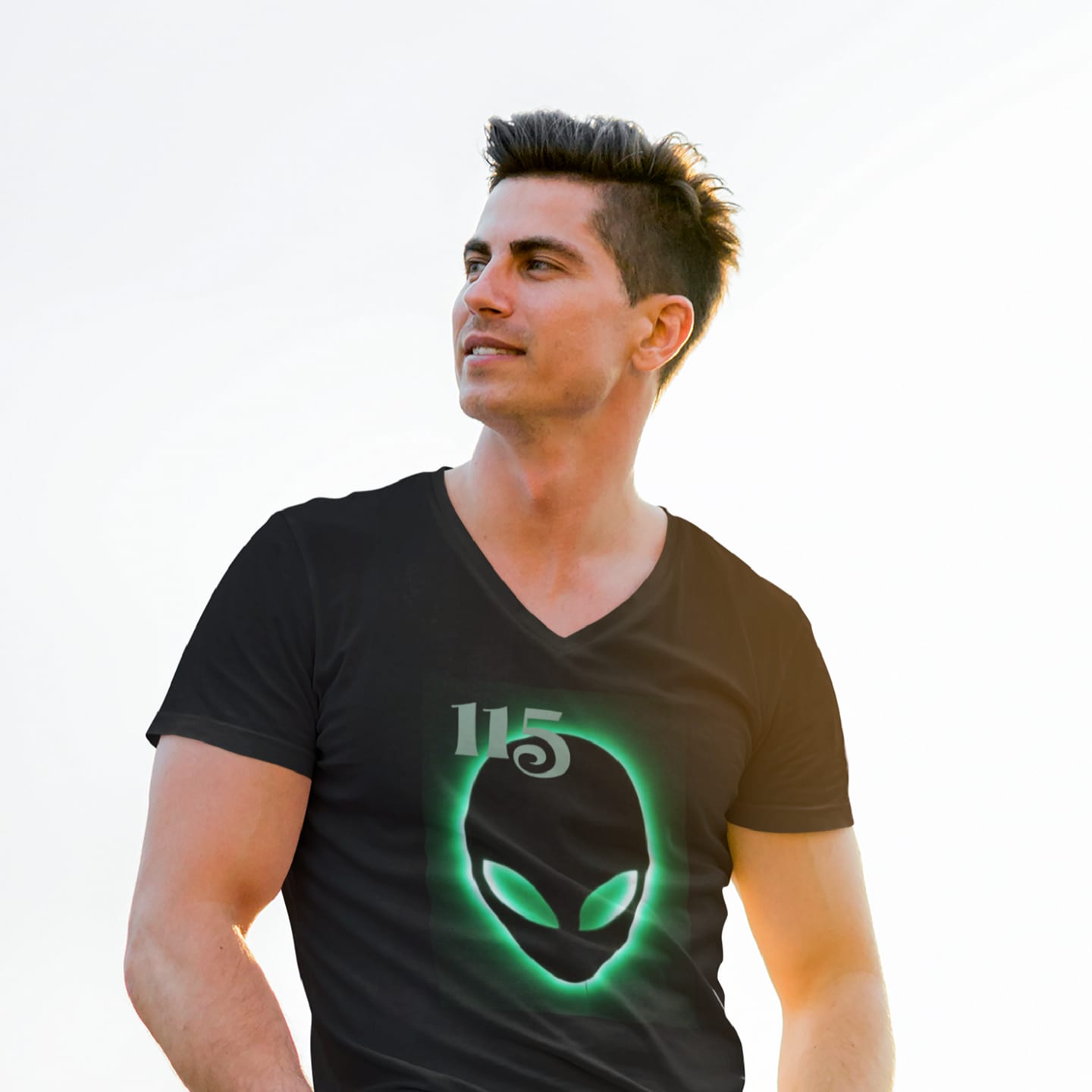 Model wearing the Element 115 Glowing Alien Grey black V-neck T-shirt (front view)