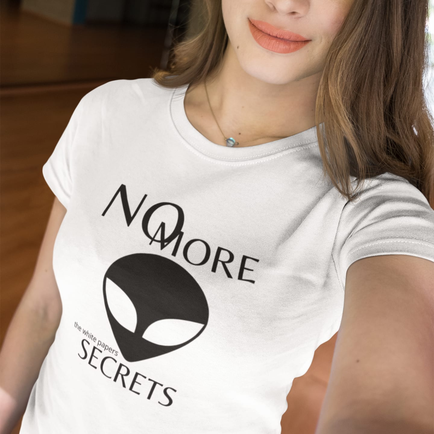Model wearing the The White Papers My Man Bob white T-shirt (front view)